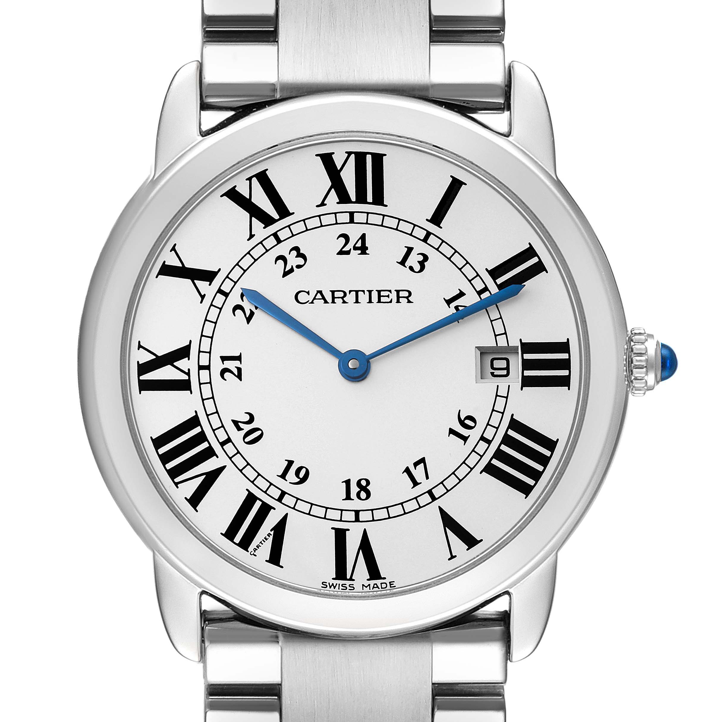 This image shows a front view of the Cartier Ronde W6701005 Men
s Stainless Steel Silver Dial W6701005 Men
s Stainless Steel Silver Dial model watch, highlighting its dial, Roman numerals, and date window.
