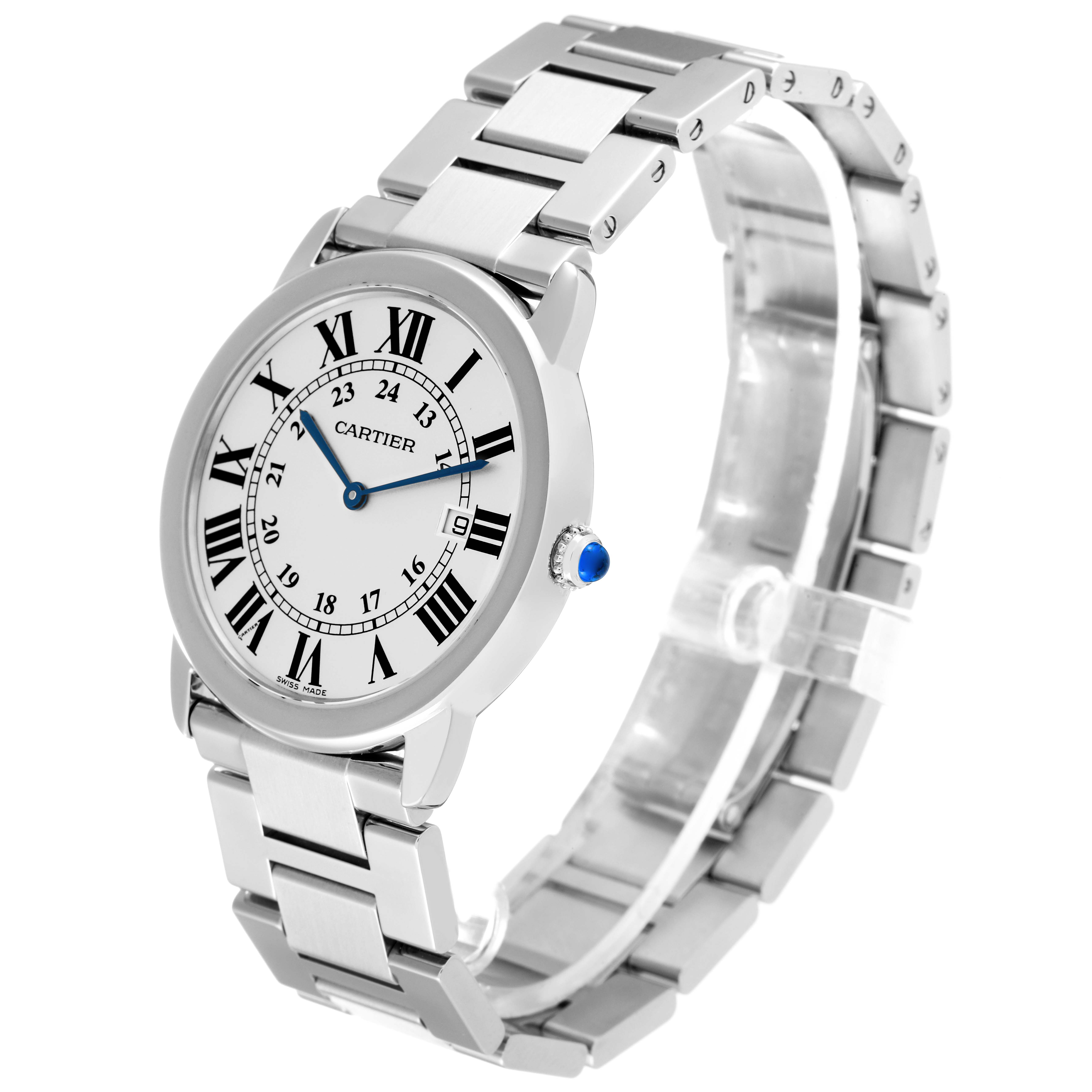 The image shows the Cartier Ronde W6701005 Men
s Stainless Steel Silver Dial W6701005 Men
s Stainless Steel Silver Dial watch at a slight angle, displaying its face, strap, and side crown.