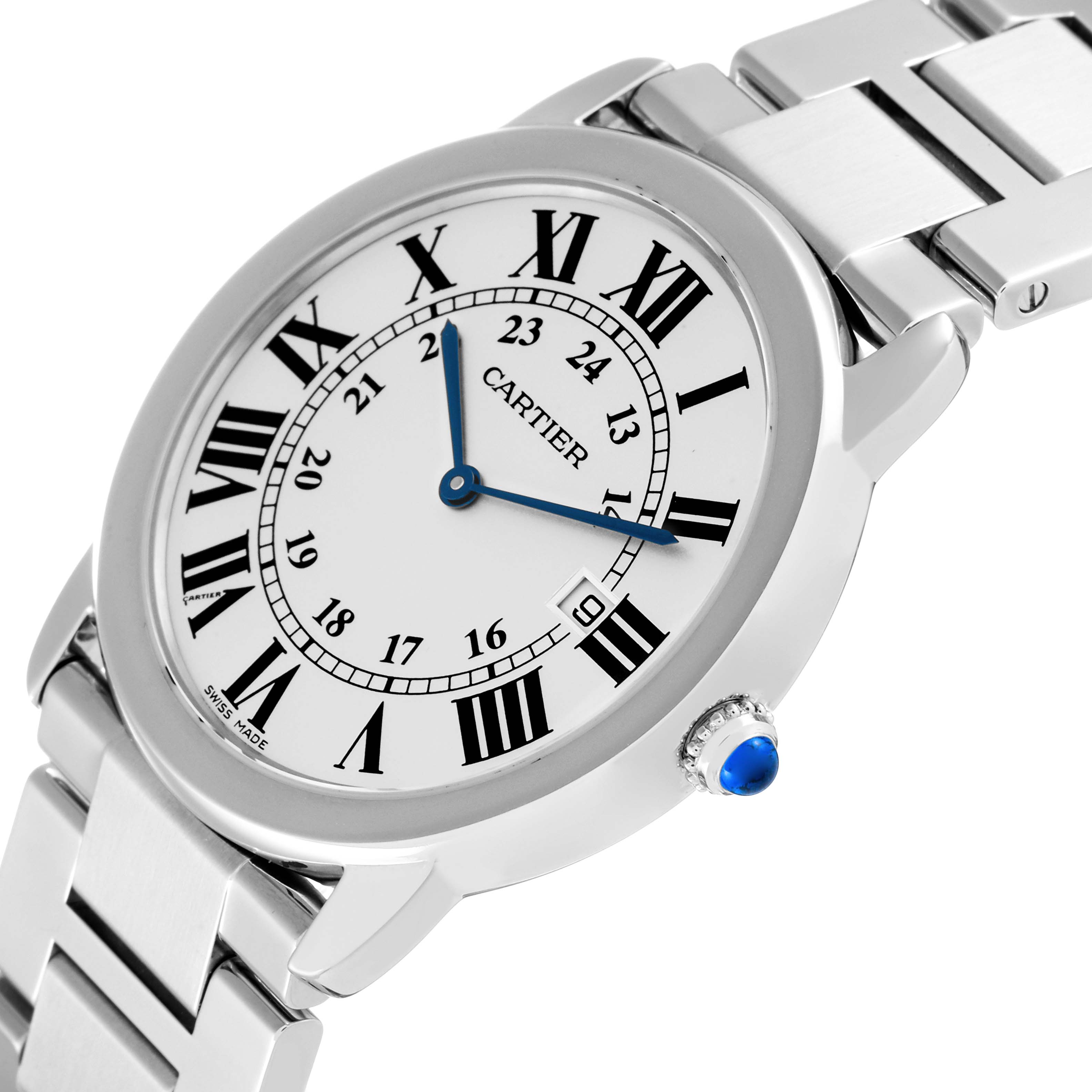The image shows a Cartier Ronde W6701005 Men
s Stainless Steel Silver Dial W6701005 Men
s Stainless Steel Silver Dial watch angled from the right side, highlighting the dial, Roman numerals, and part of the bracelet.