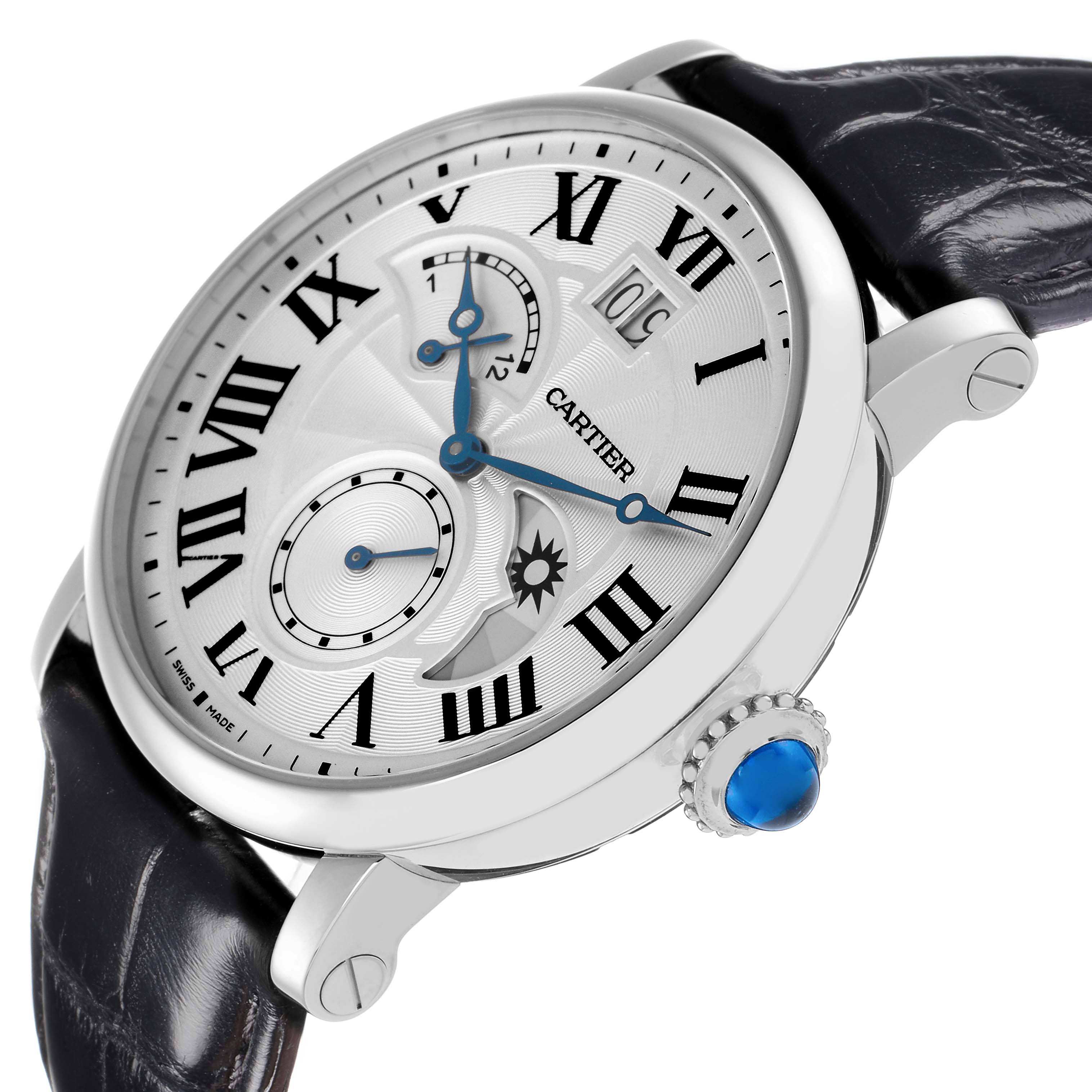 The Cartier Rotonde W1556368 Men
s Stainless Steel Silver Dial watch is shown at a slight angle, highlighting the face, crown with blue cabochon, and leather strap.