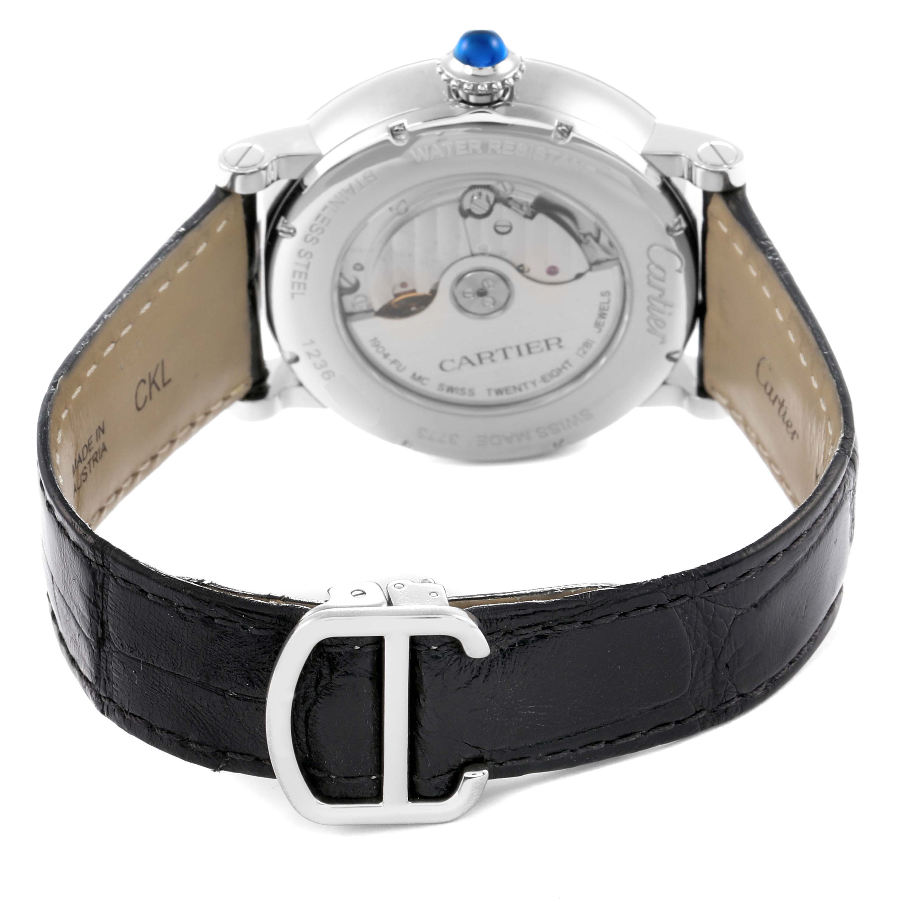 The Rotonde model by Cartier is shown from the back, highlighting the transparent case back, strap, and clasp.