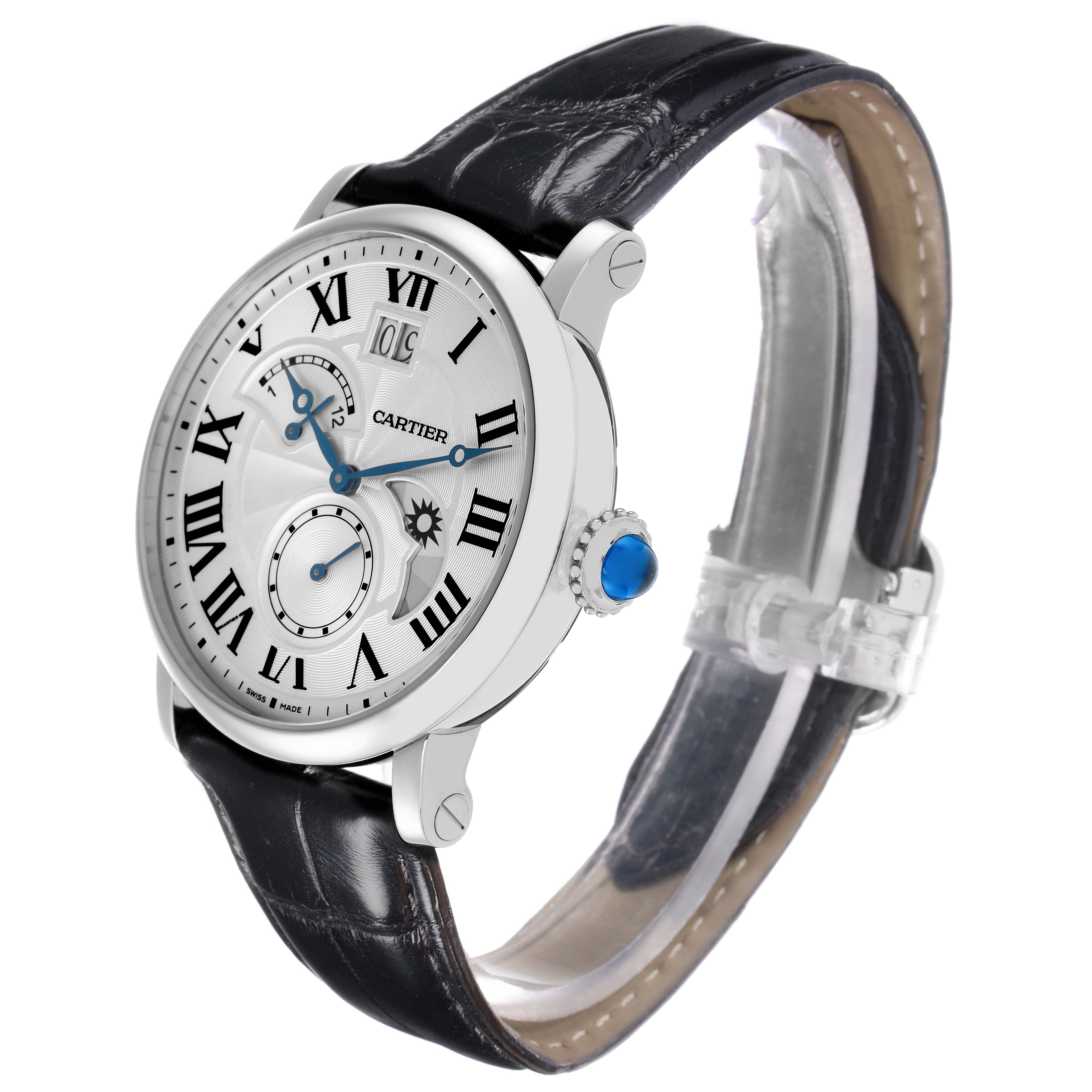 The Cartier Rotonde W1556368 Men
s Stainless Steel Silver Dial watch is shown at an angled side view, featuring the case, dial, crown, and leather strap.