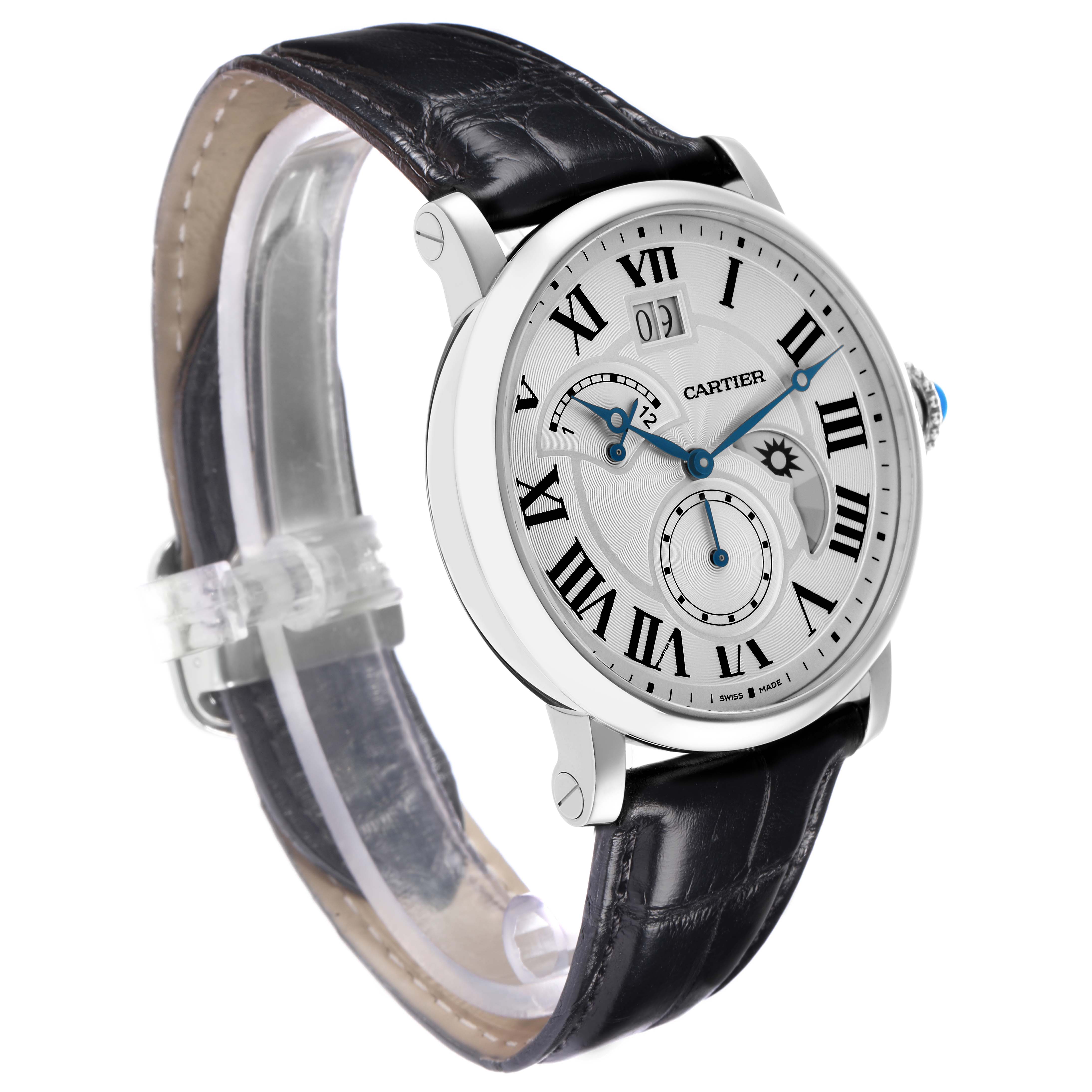 The Cartier Rotonde W1556368 Men
s Stainless Steel Silver Dial watch is shown from a side angle, highlighting the dial, crown, and leather strap.
