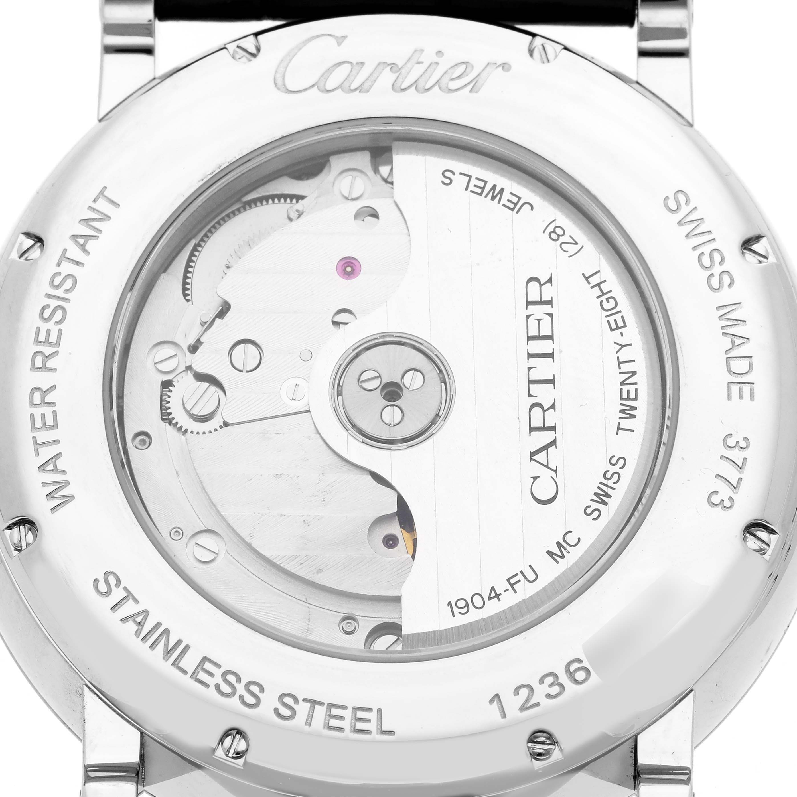 The image shows the back of a Cartier Rotonde W1556368 Men
s Stainless Steel Silver Dial watch, highlighting the movement and engravings on the case.