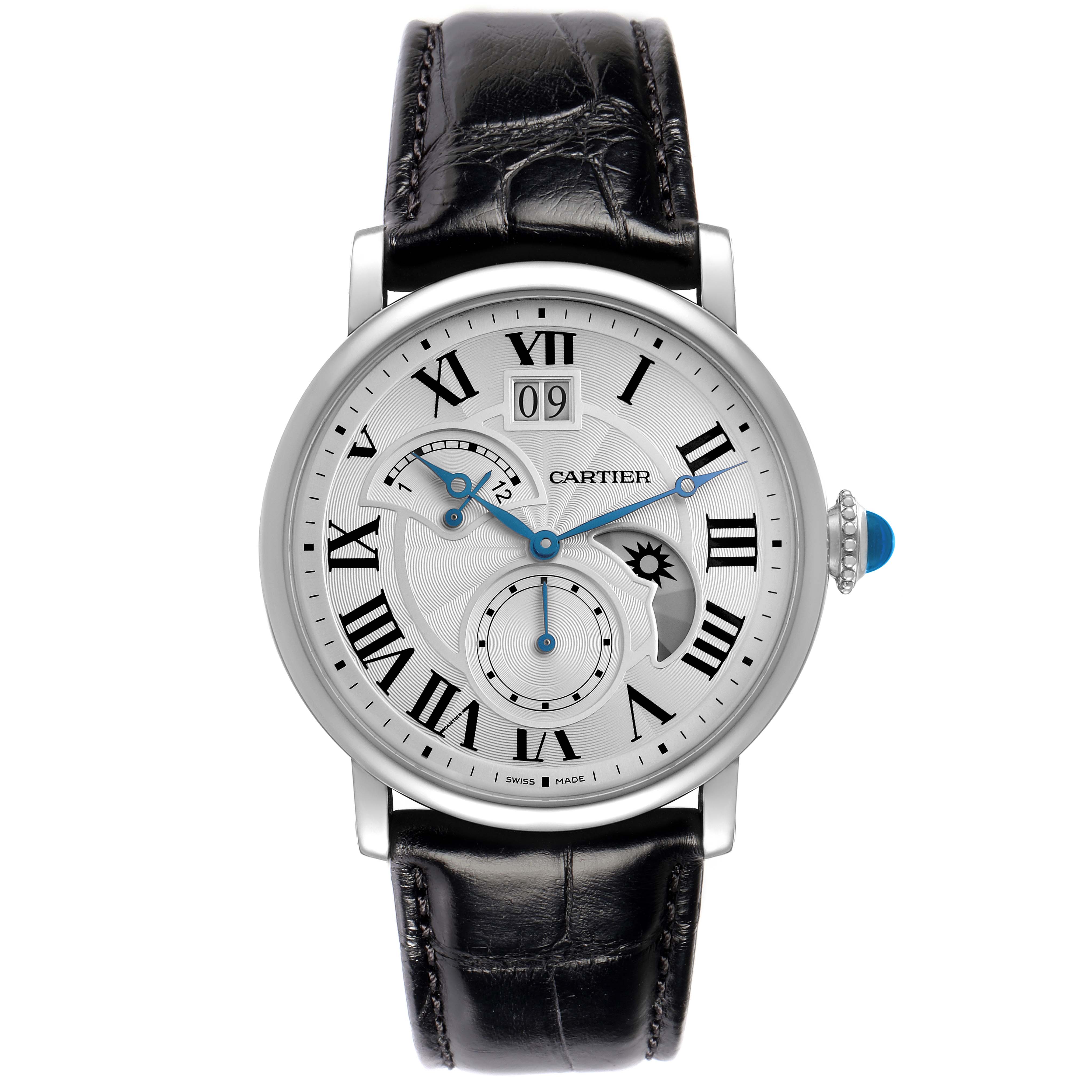 The Cartier Rotonde W1556368 Men
s Stainless Steel Silver Dial watch is shown from a front view, highlighting its Roman numerals, subdials, and blue hands.