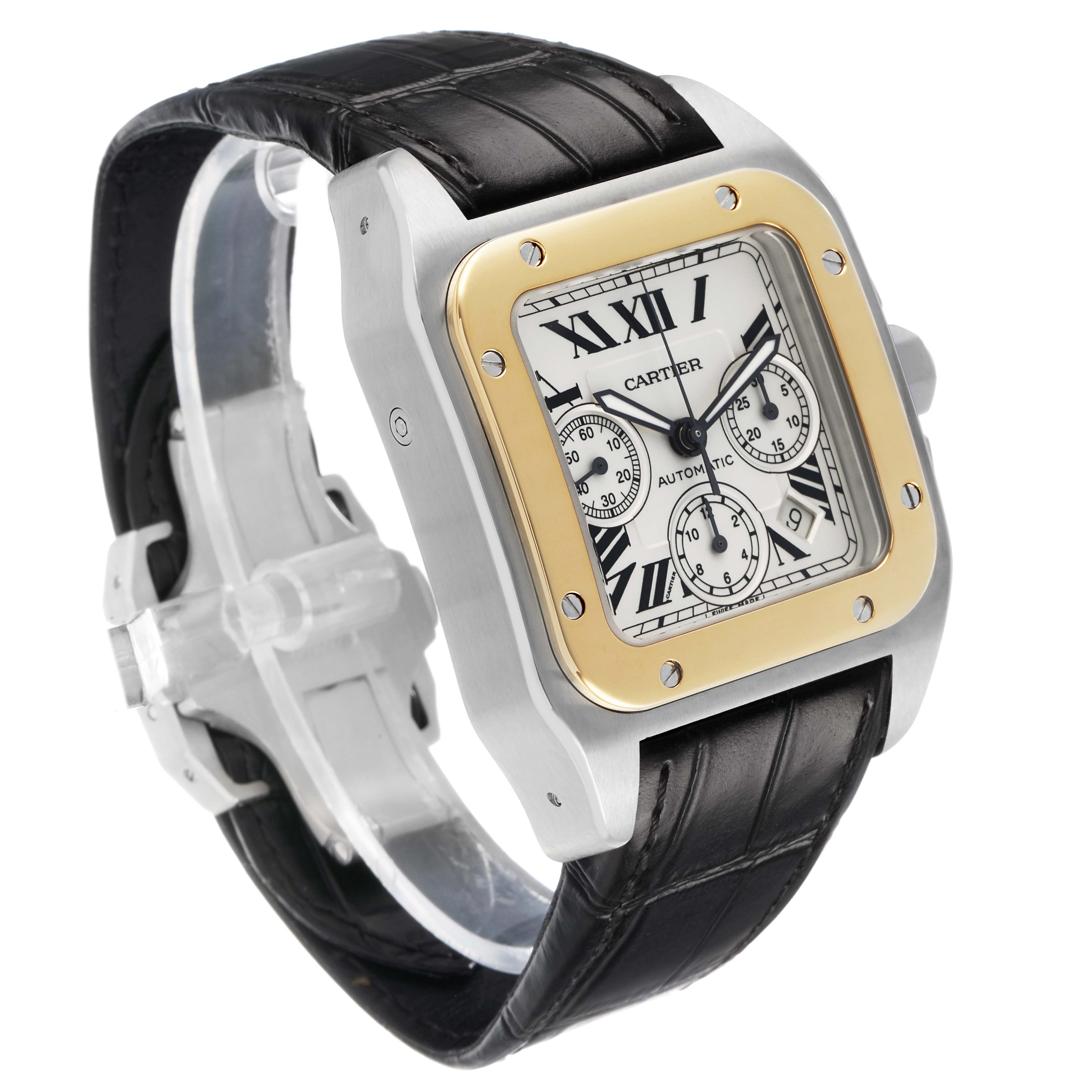 The Cartier Santos W20091X7 Men's Steel and Gold (two tone) Silver Dial watch is shown at an angled side view, highlighting the face, bezel, and leather strap.