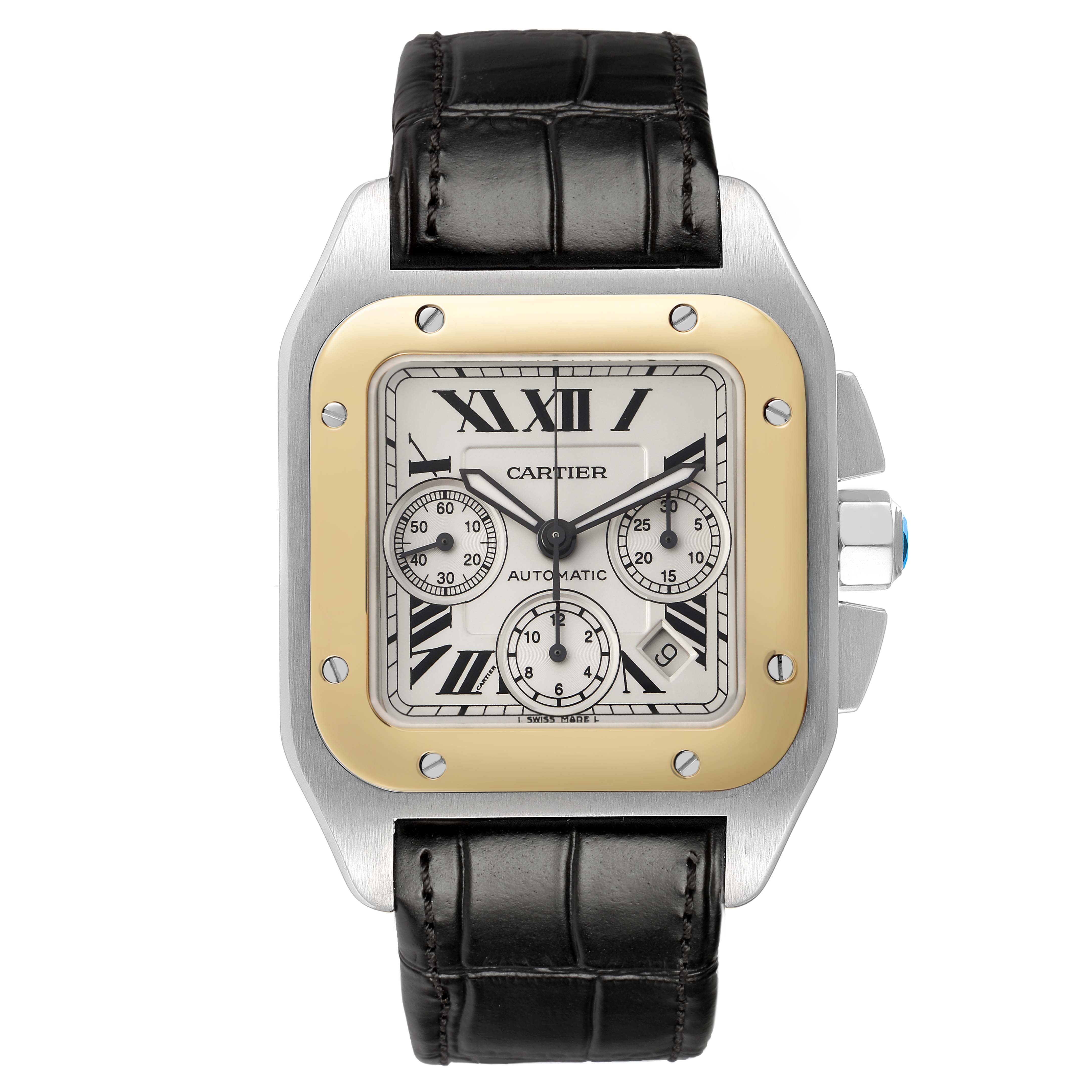 The Cartier Santos W20091X7 Men's Steel and Gold (two tone) Silver Dial watch is shown from the front, highlighting its dial, bezel, and leather strap.