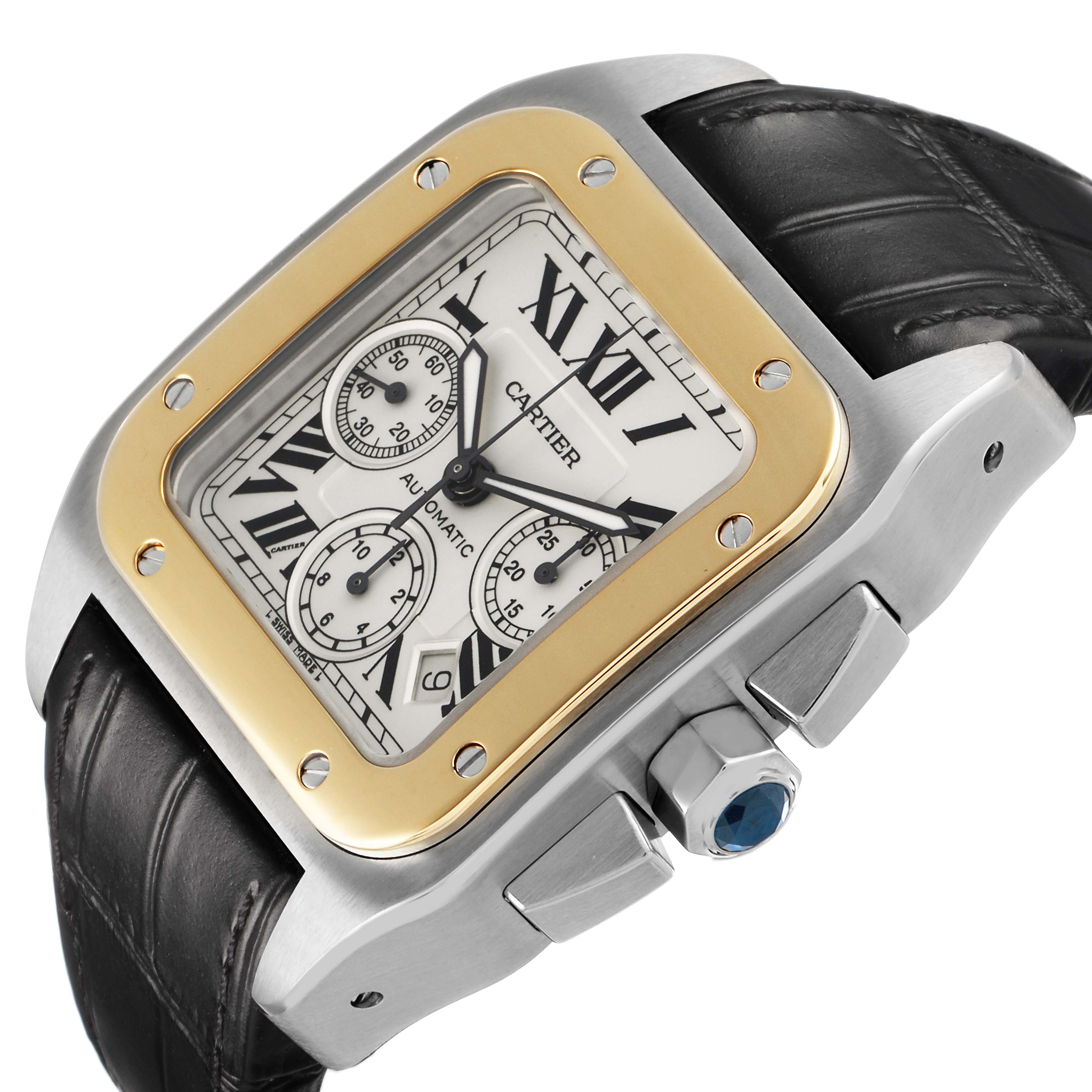 The Cartier Santos W20091X7 Men's Steel and Gold (two tone) Silver Dial watch is shown at an angle highlighting the face, bezel, strap, and crown.