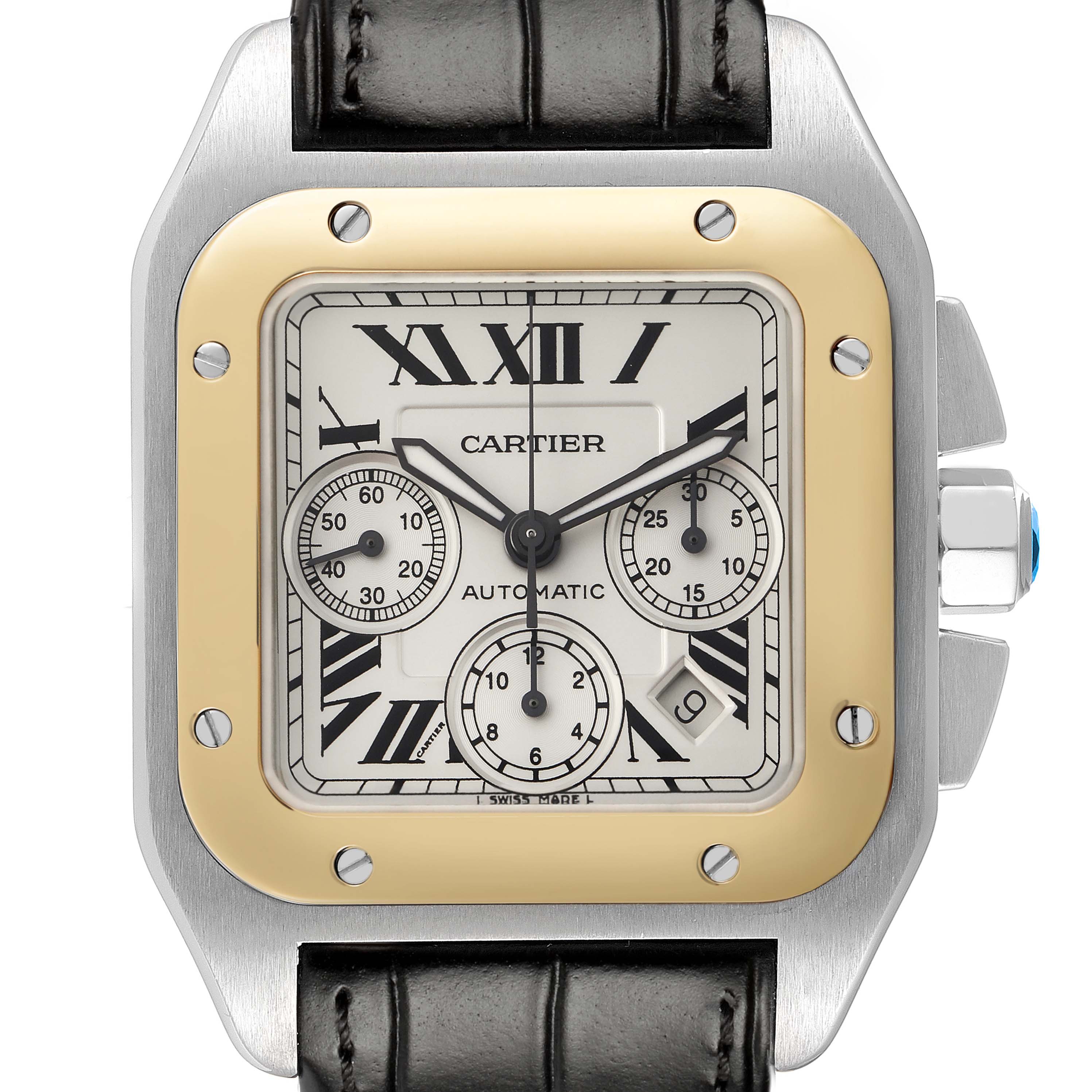 The Cartier Santos W20091X7 Men's Steel and Gold (two tone) Silver Dial watch is shown from the front, highlighting the dial, bezel, and part of the strap.