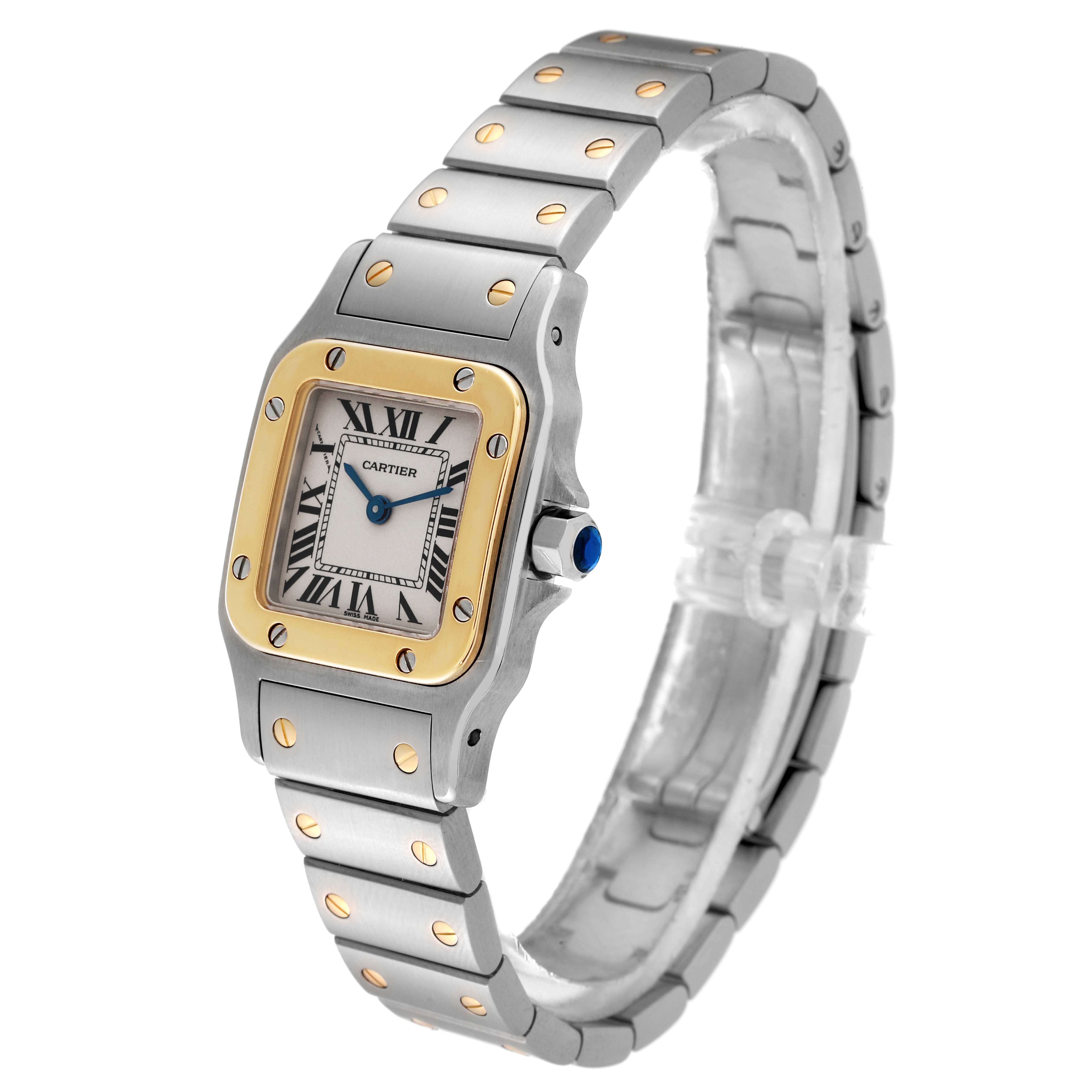 The image shows a Cartier Santos W20012C4 Women's Steel and Gold (two tone) Silver Dial W20012C4 Women's Steel and Gold (two tone) Silver Dial watch from an angled front view, highlighting the face, bezel, and bracelet.