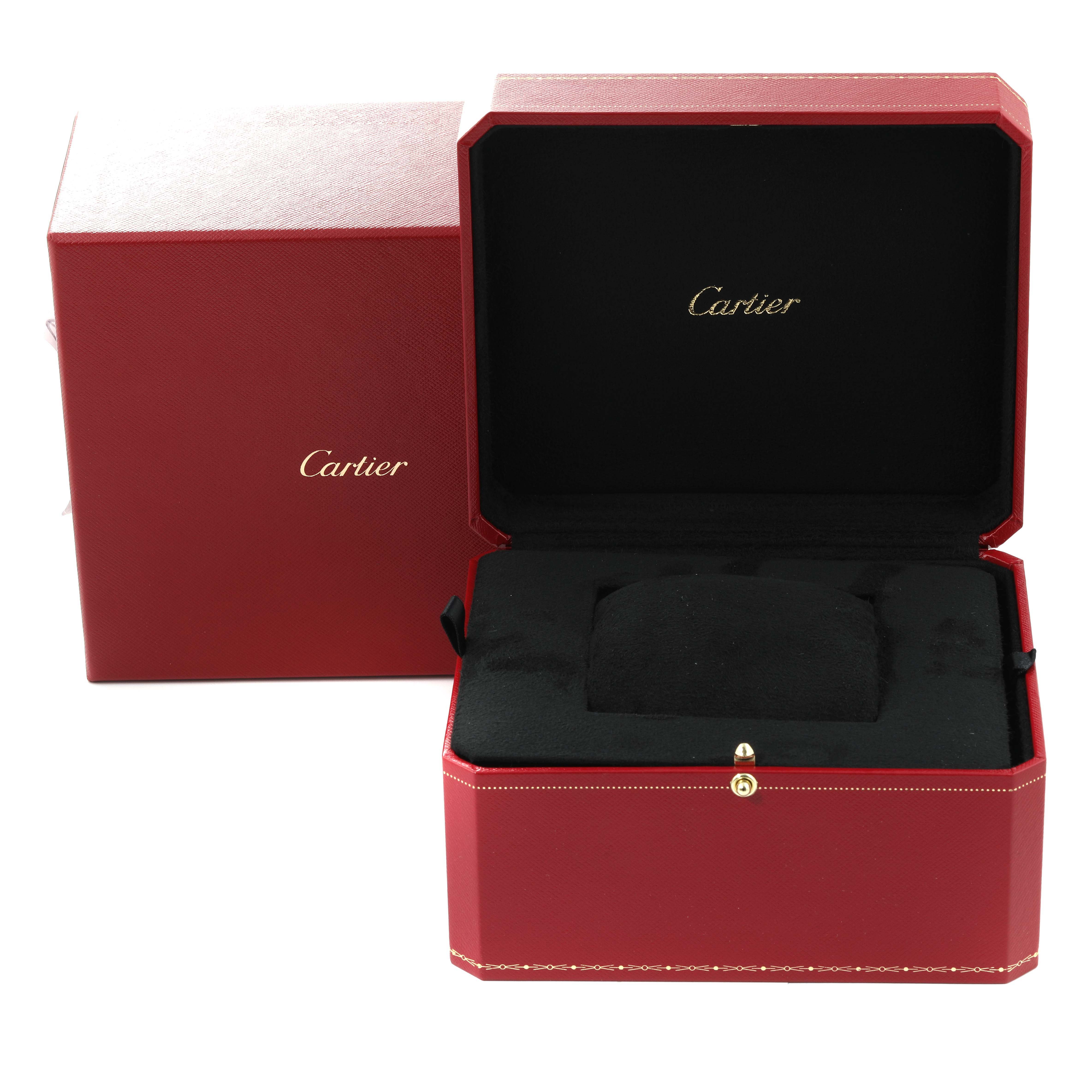 This image shows the open presentation box for a Santos model watch by Cartier, highlighting its inner pillow and luxurious packaging.