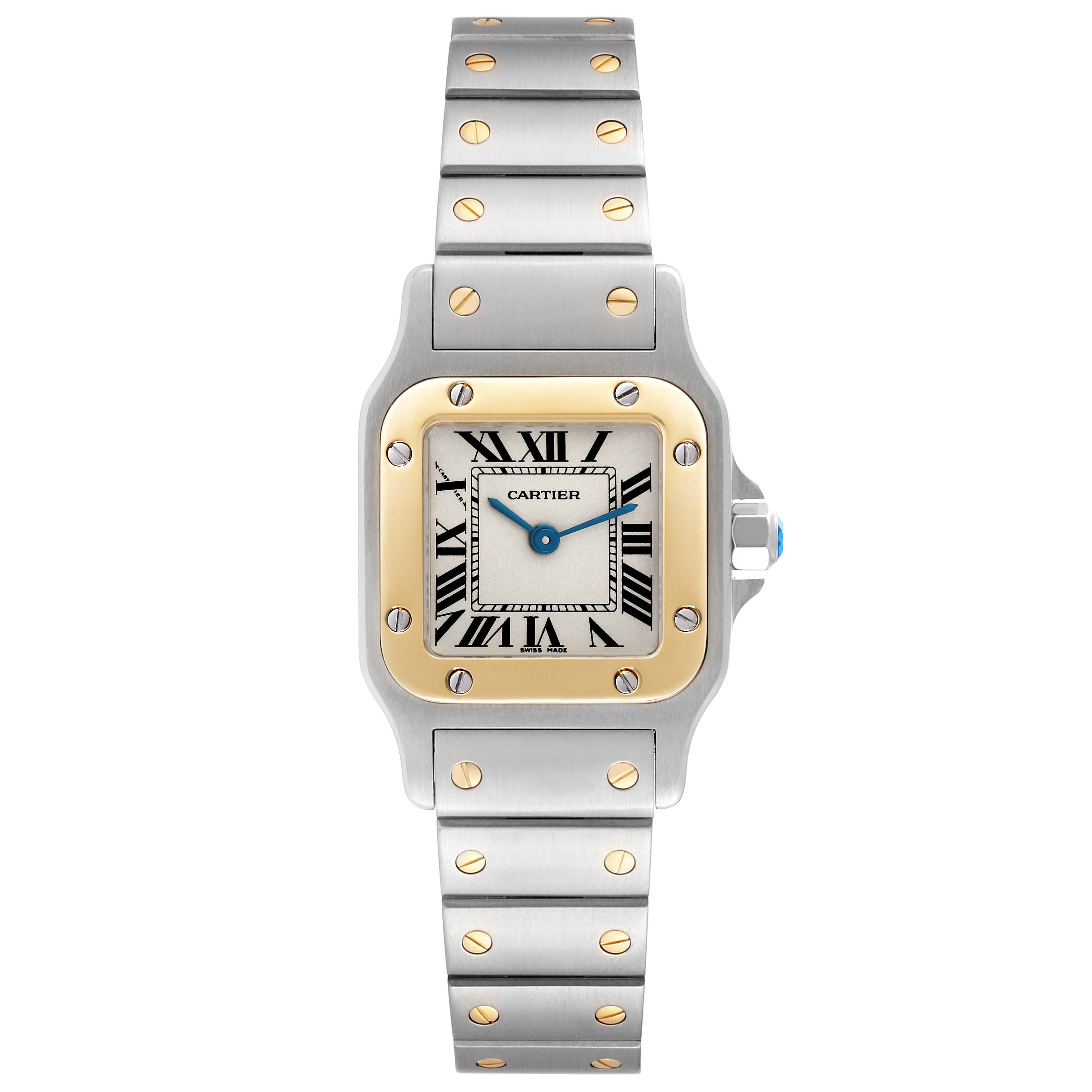 This image shows a Cartier Santos W20012C4 Women's Steel and Gold (two tone) Silver Dial W20012C4 Women's Steel and Gold (two tone) Silver Dial model watch from a top-down angle, displaying the face, bezel, and bracelet clearly.
