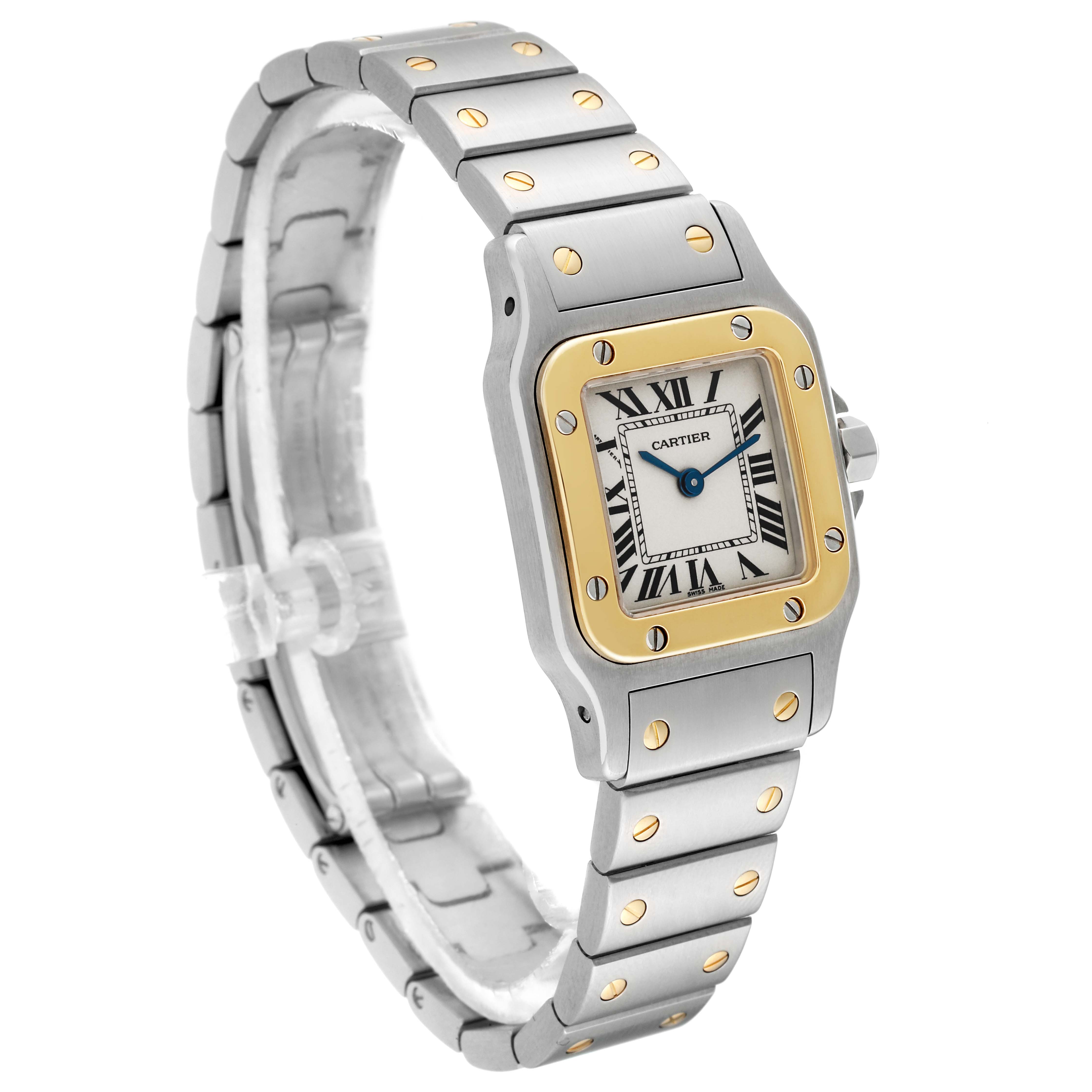 This image shows a Cartier Santos W20012C4 Women's Steel and Gold (two tone) Silver Dial W20012C4 Women's Steel and Gold (two tone) Silver Dial watch from a front and slightly left-side angle, highlighting the bracelet, case, and dial.