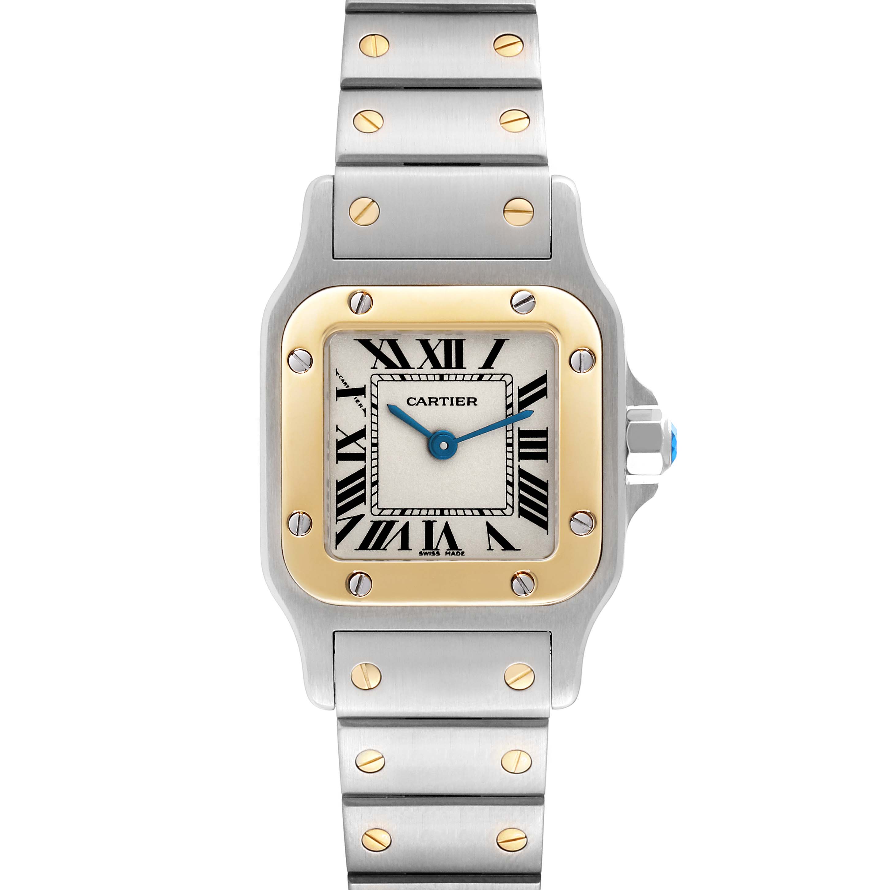 This image shows the front of a Cartier Santos W20012C4 Women's Steel and Gold (two tone) Silver Dial W20012C4 Women's Steel and Gold (two tone) Silver Dial watch, highlighting the face, bezel, and part of the metal bracelet.
