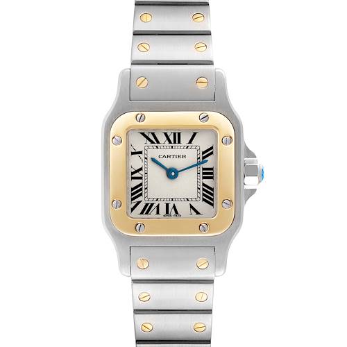 The image shows a front view of the Santos model watch by Cartier, displaying the face, bezel, and bracelet.