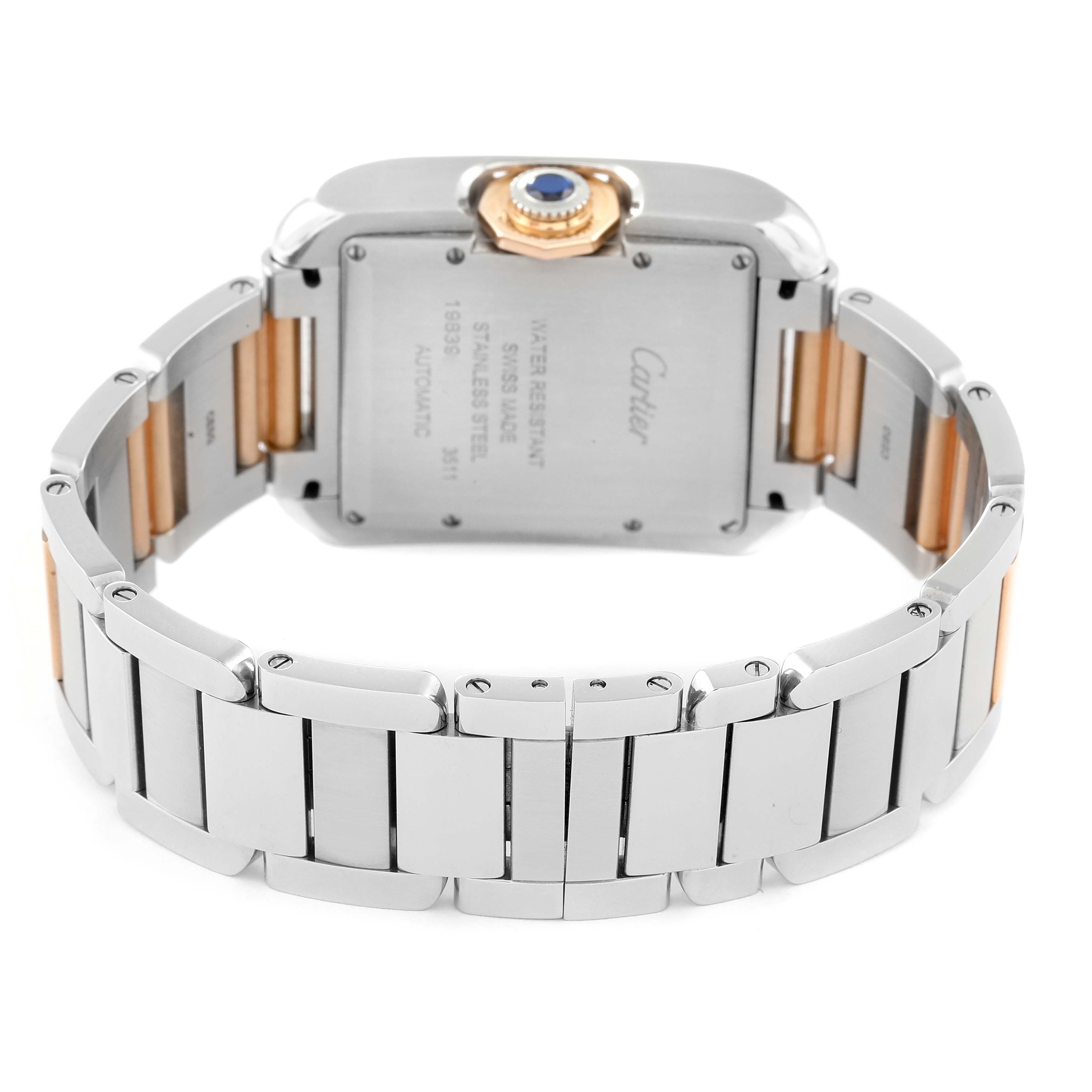 The image shows a rear view of the Cartier Tank Anglaise W5310007 Men's Steel and Gold (two tone) Silver Dial W5310007 Men's Steel and Gold (two tone) Silver Dial's case back and bracelet.