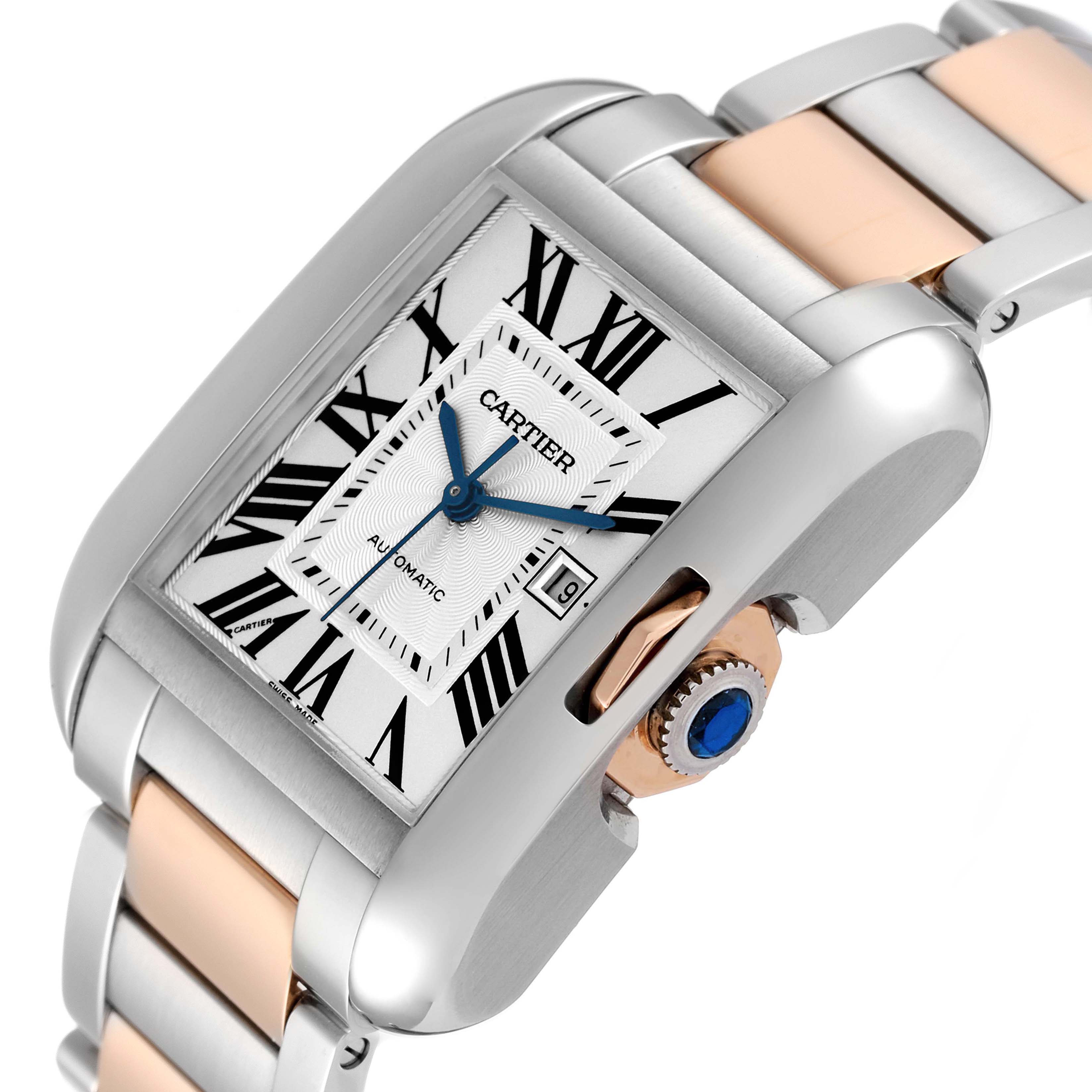 This image shows a close-up, oblique angle of the Cartier Tank Anglaise W5310007 Men's Steel and Gold (two tone) Silver Dial W5310007 Men's Steel and Gold (two tone) Silver Dial watch, highlighting its dial, crown, and part of the bracelet.