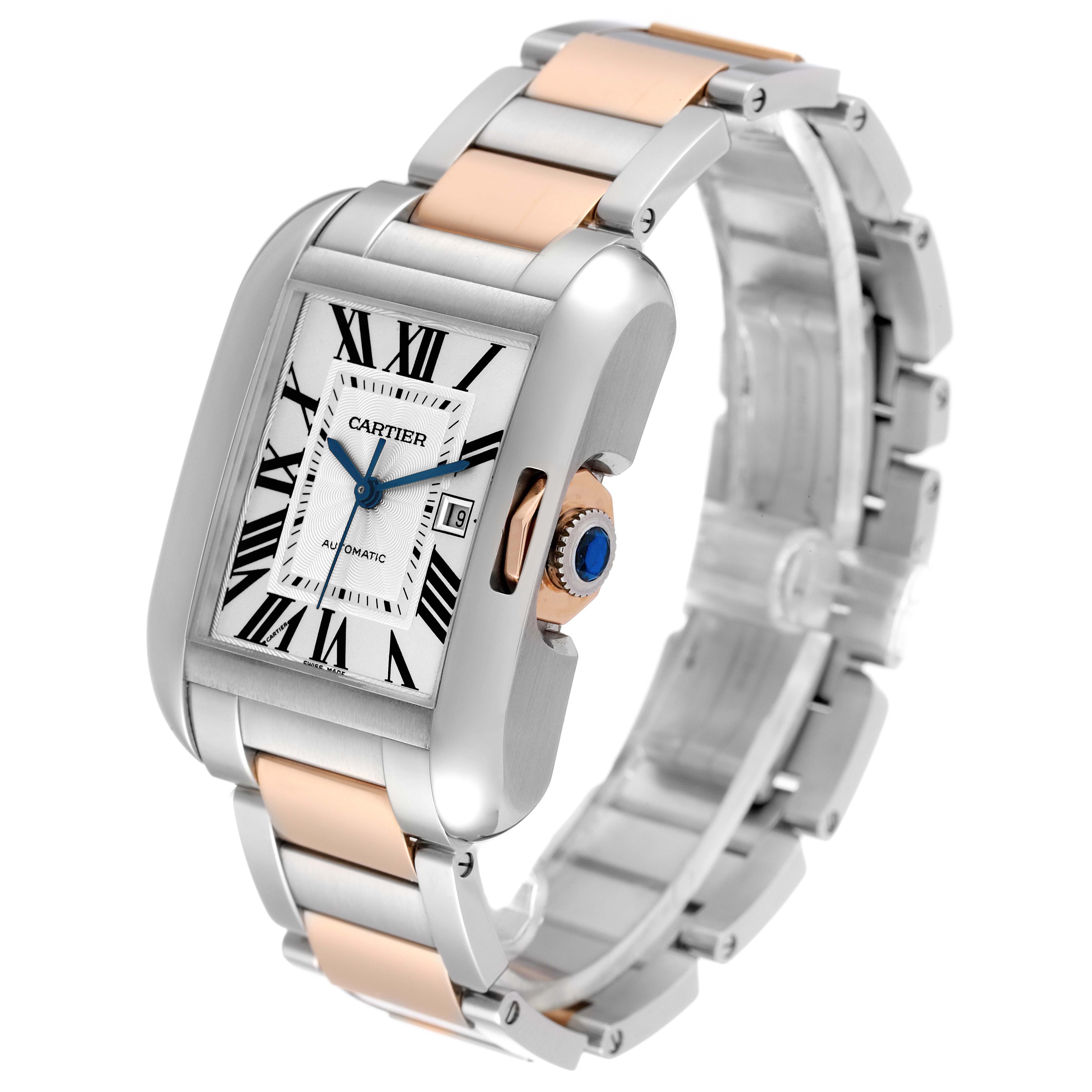 The image shows a Tank Anglaise model by Cartier at an oblique angle, highlighting the watch face and bracelet.
