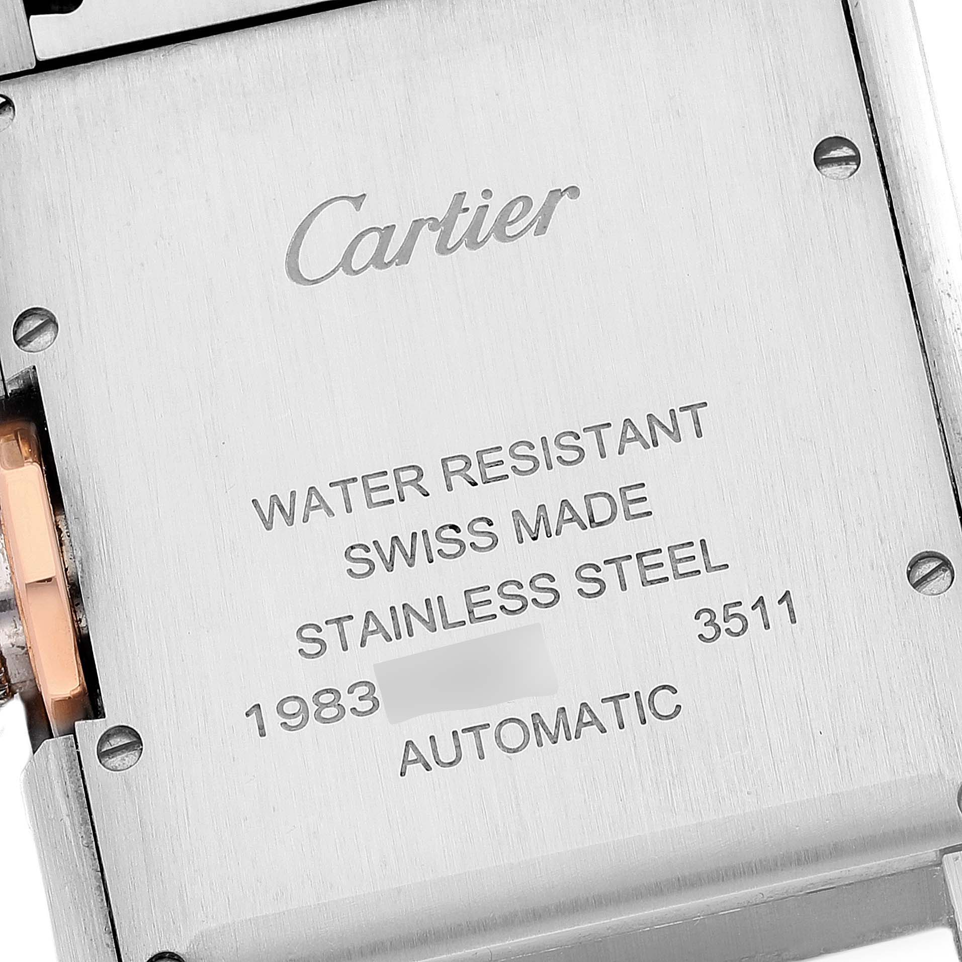 This is the backside of a Cartier Tank Anglaise W5310007 Men's Steel and Gold (two tone) Silver Dial W5310007 Men's Steel and Gold (two tone) Silver Dial watch, showing the brand name, water resistance, material, and other specifications.