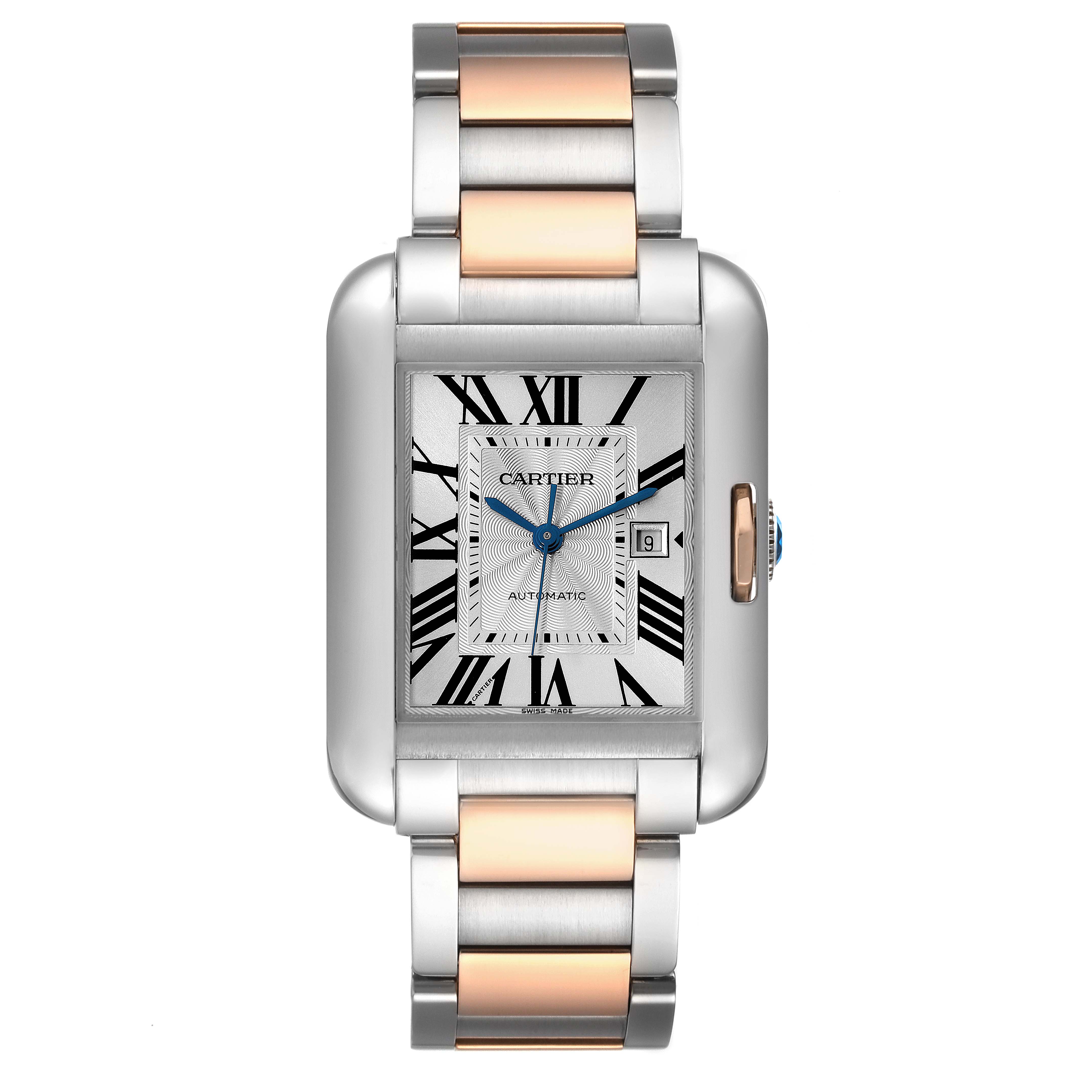 The image shows a frontal view of the Cartier Tank Anglaise W5310007 Men's Steel and Gold (two tone) Silver Dial W5310007 Men's Steel and Gold (two tone) Silver Dial watch, displaying its face, bezel, and two-tone metal bracelet.