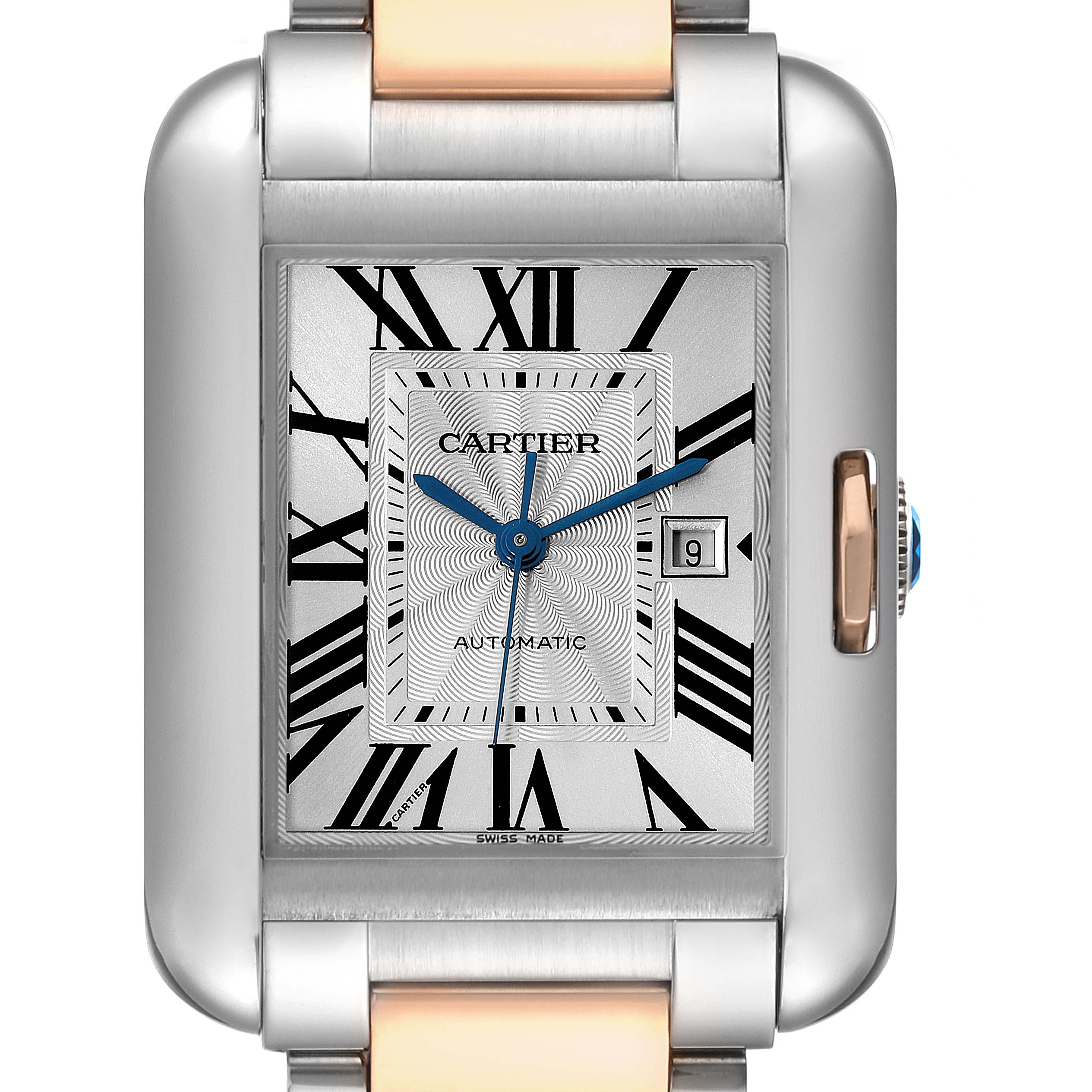 The image shows a close-up front view of a Cartier Tank Anglaise W5310007 Men's Steel and Gold (two tone) Silver Dial W5310007 Men's Steel and Gold (two tone) Silver Dial model watch, highlighting the face, hands, date window, and part of the bracelet.