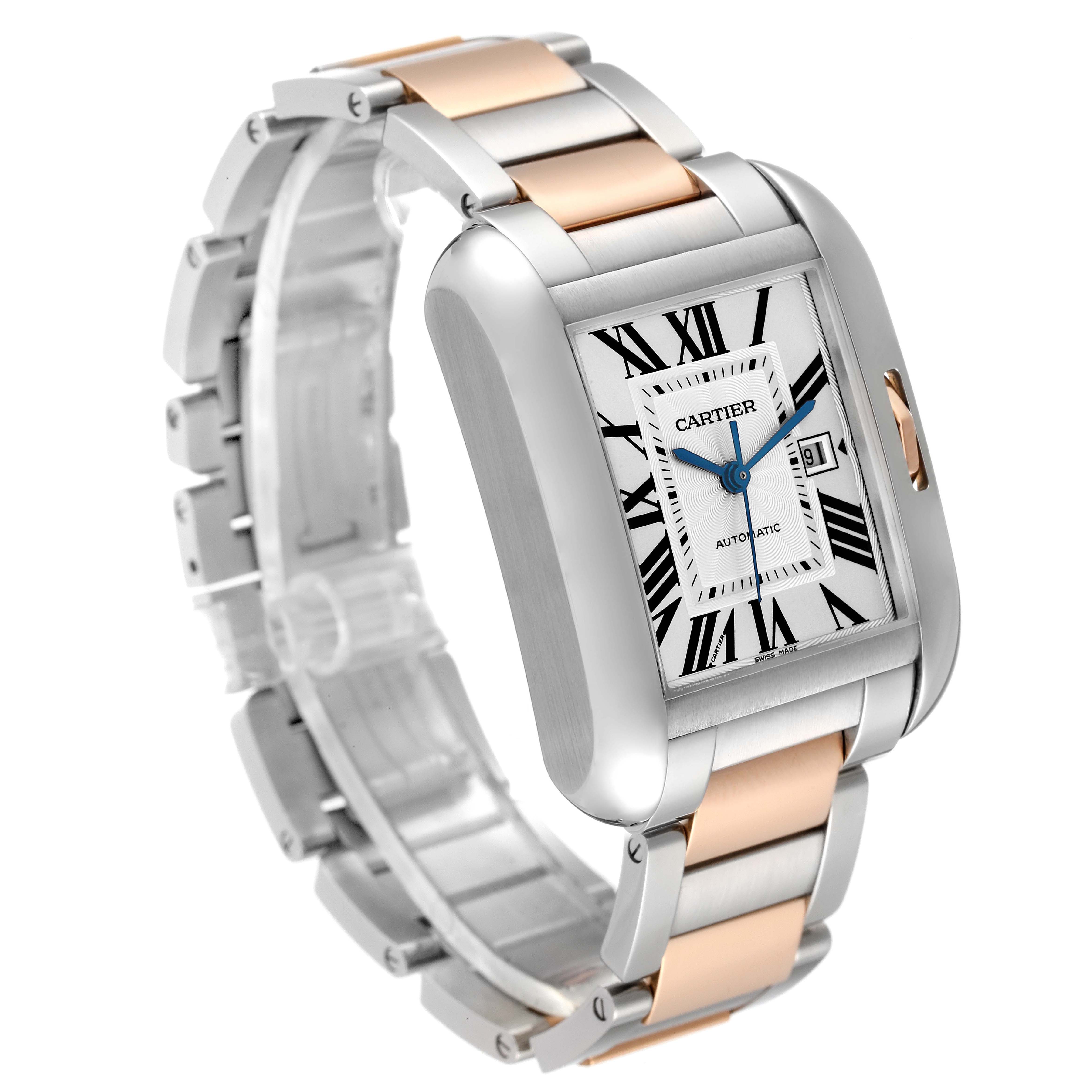 The image shows a Cartier Tank Anglaise W5310007 Men's Steel and Gold (two tone) Silver Dial W5310007 Men's Steel and Gold (two tone) Silver Dial watch, angled slightly to the left showcasing the face, case, and part of the bracelet.