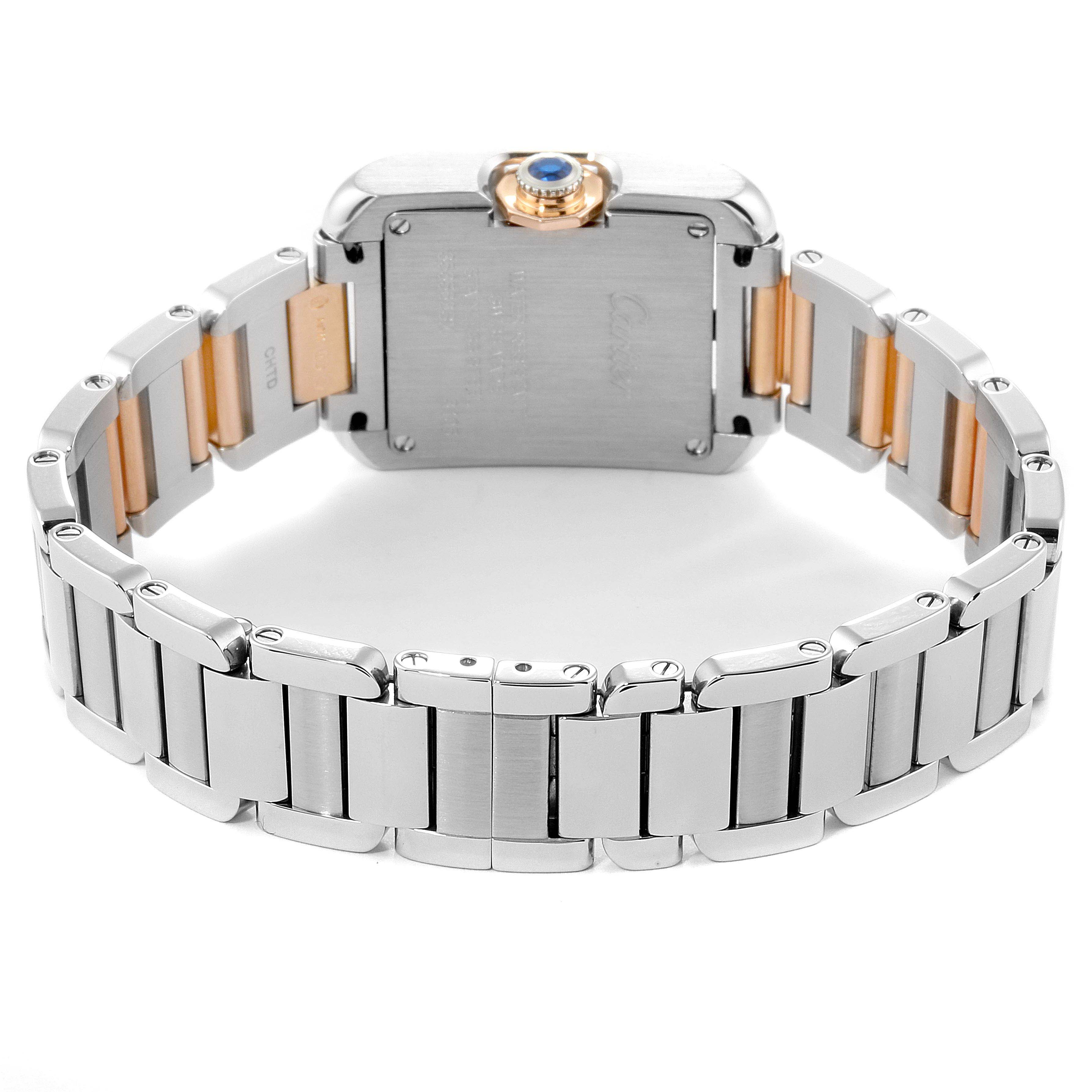 The image shows the back view of a Cartier Tank Anglaise WT100024 Women's Steel and Gold (two tone) Silver Dial WT100024 Women's Steel and Gold (two tone) Silver Dial watch, highlighting the case back, bracelet, and crown.