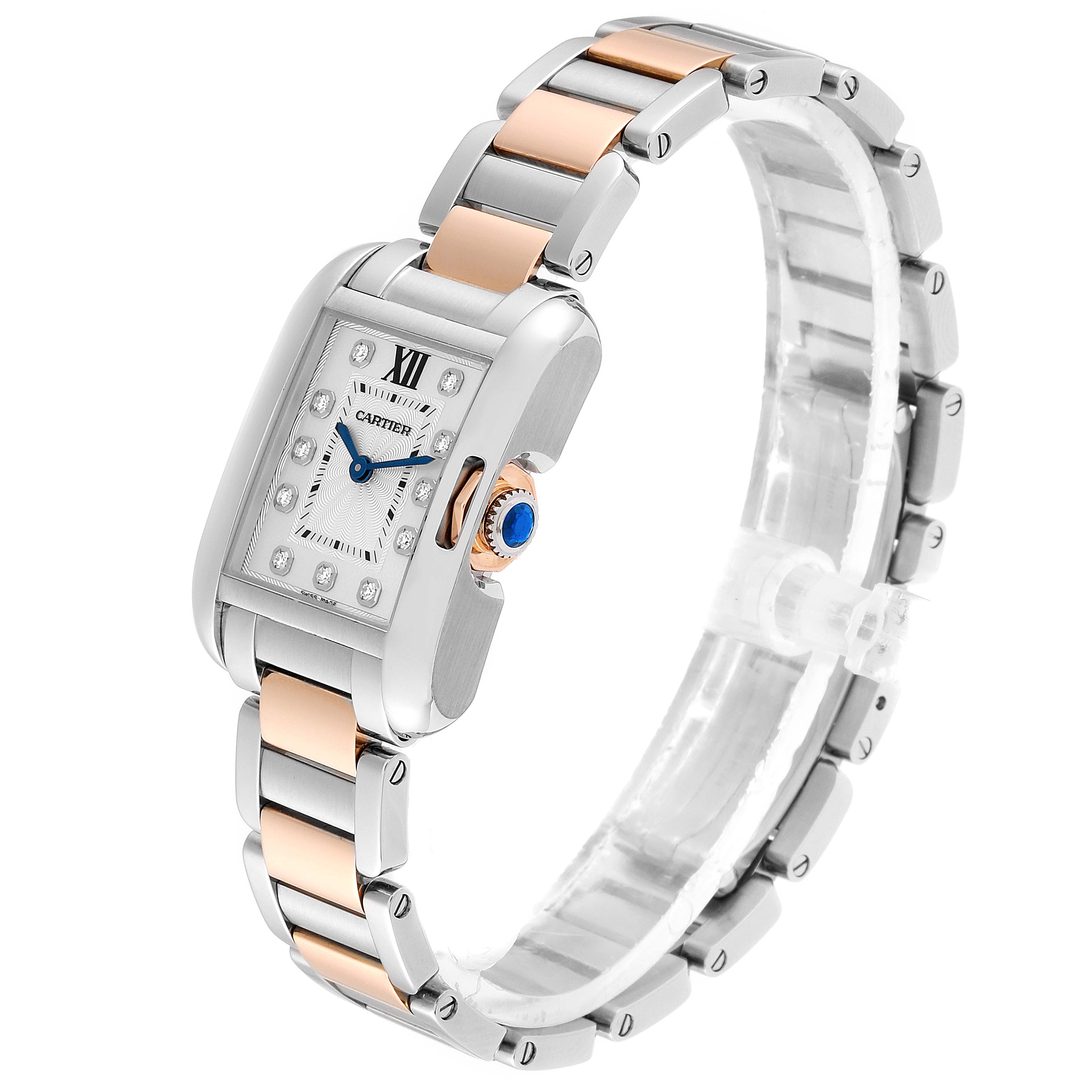 The image shows a Cartier Tank Anglaise WT100024 Women's Steel and Gold (two tone) Silver Dial WT100024 Women's Steel and Gold (two tone) Silver Dial watch at a slightly angled side view, highlighting its two-tone metal strap and rectangular face with a visible crown.