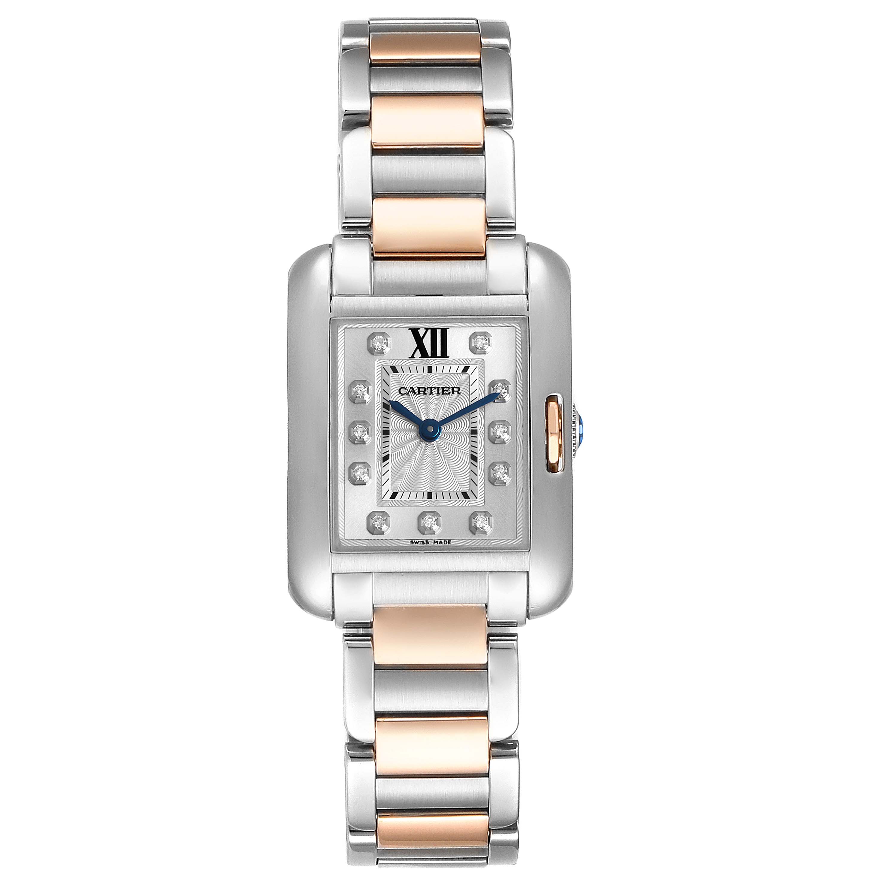 This Cartier Tank Anglaise WT100024 Women's Steel and Gold (two tone) Silver Dial WT100024 Women's Steel and Gold (two tone) Silver Dial watch is shown from a top view, displaying the face, dial, hands, and bracelet.