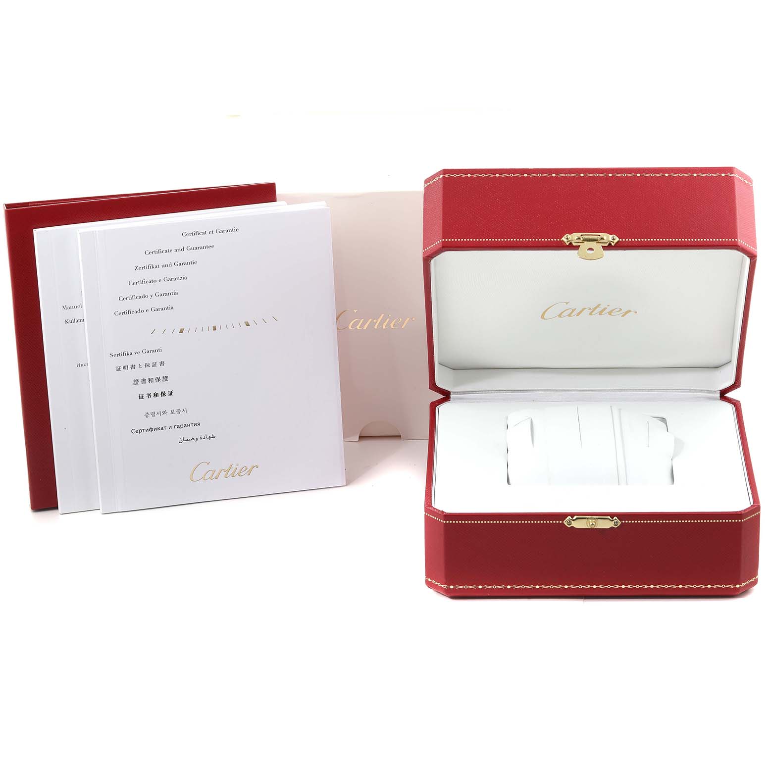 The image shows the packaging of Cartier's Tank Francaise, including a red watch box and manuals.