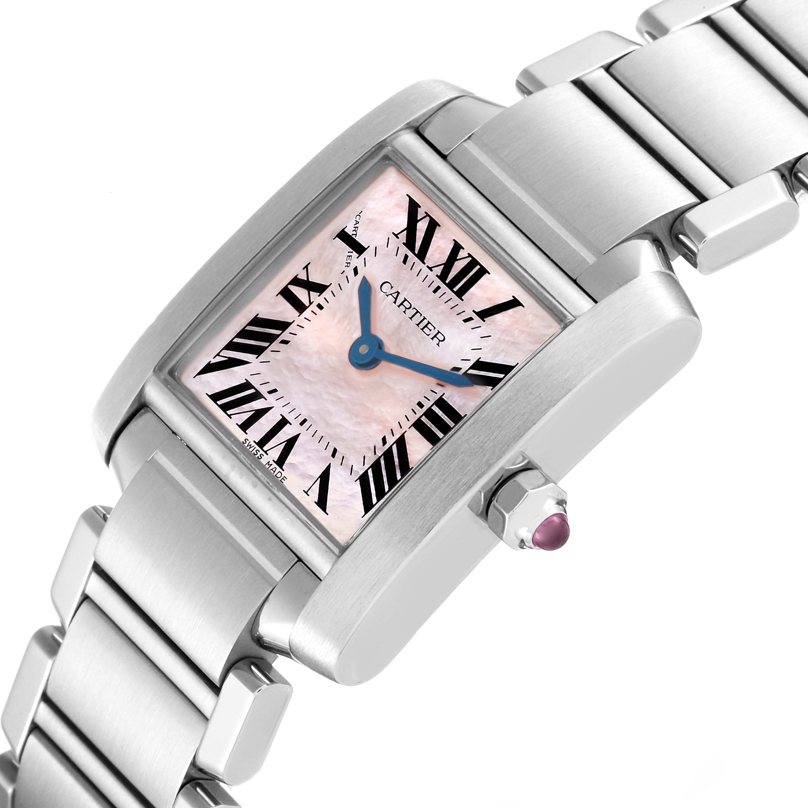 This image shows a close-up of the dial, crown, and part of the bracelet of a Cartier Tank Francaise W51028Q3 Women's Stainless Steel Mother of Pearl Dial W51028Q3 Women's Stainless Steel Mother of Pearl Dial watch.