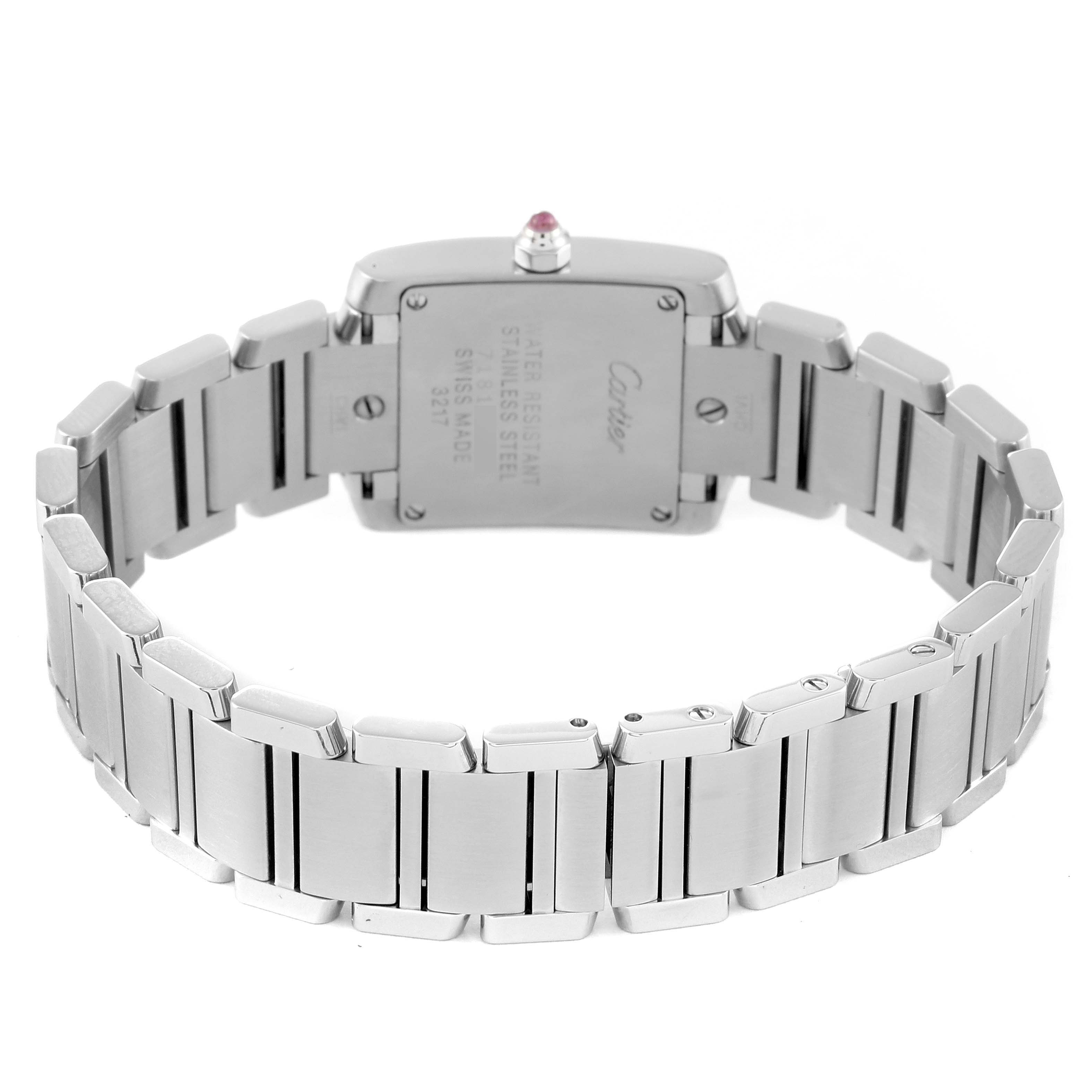 The image shows the backside and bracelet of the Cartier Tank Française watch.