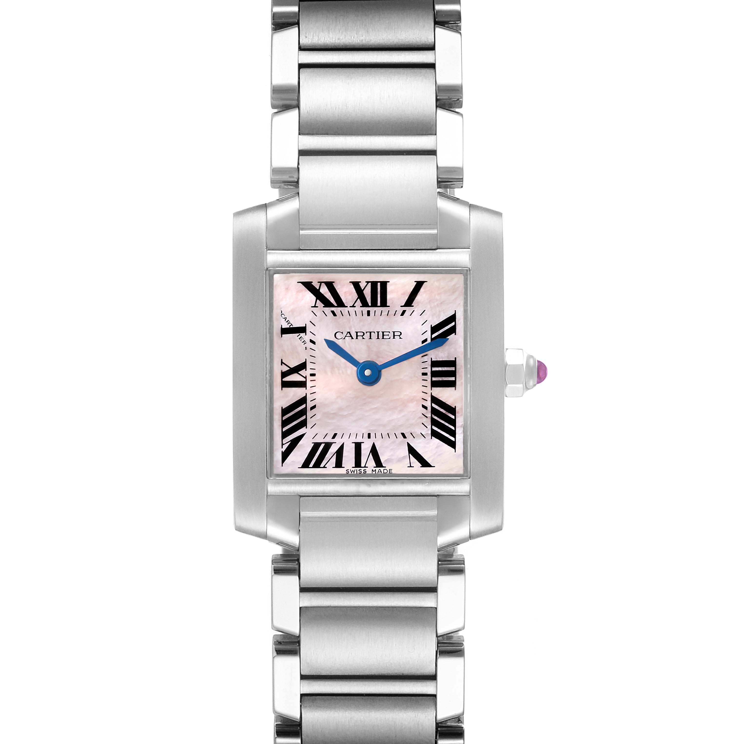 The image shows a front view of the Cartier Tank Francaise W51028Q3 Women's Stainless Steel Mother of Pearl Dial W51028Q3 Women's Stainless Steel Mother of Pearl Dial watch, highlighting its rectangular dial and stainless steel bracelet.