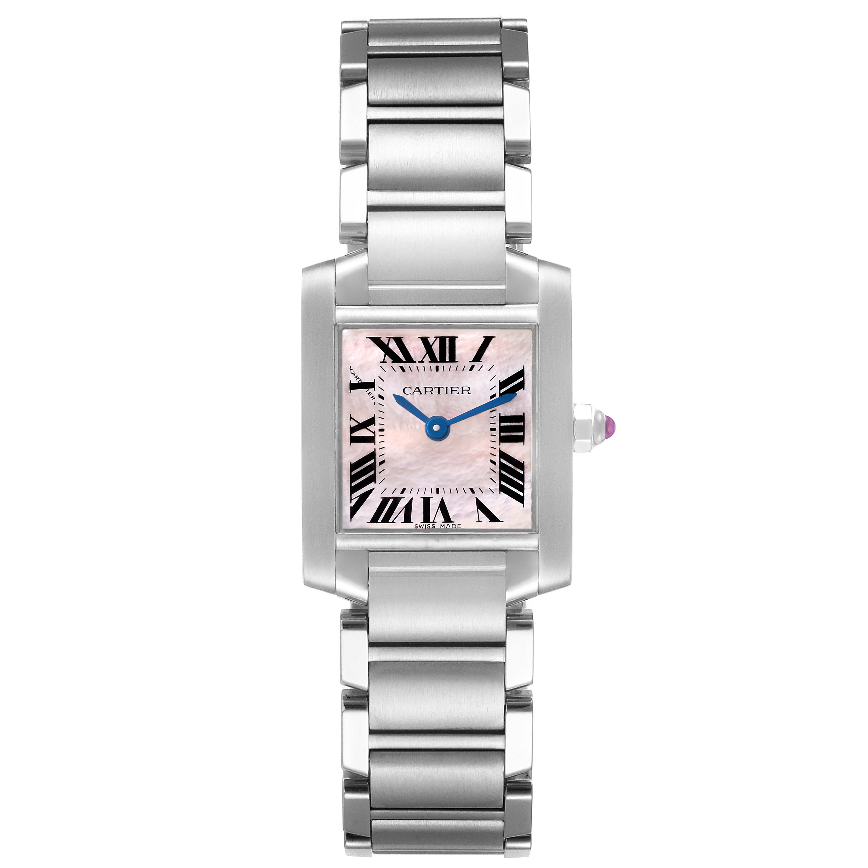 The image shows a straight-on view of a Cartier Tank Française watch, including its bracelet and face.