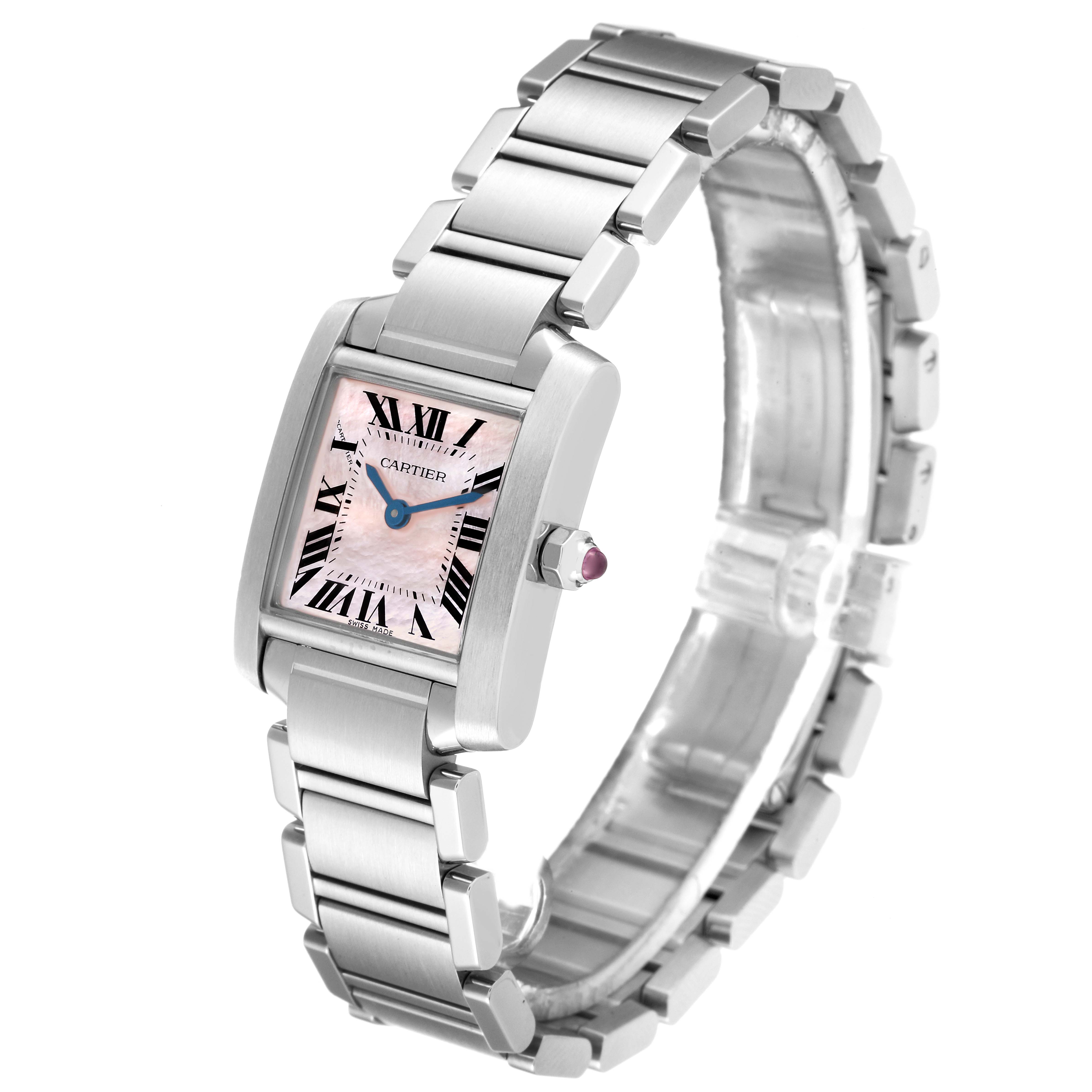 The Cartier Tank Francaise W51028Q3 Women's Stainless Steel Mother of Pearl Dial W51028Q3 Women's Stainless Steel Mother of Pearl Dial watch is shown at a three-quarter angle, displaying the face, crown, and metal bracelet.