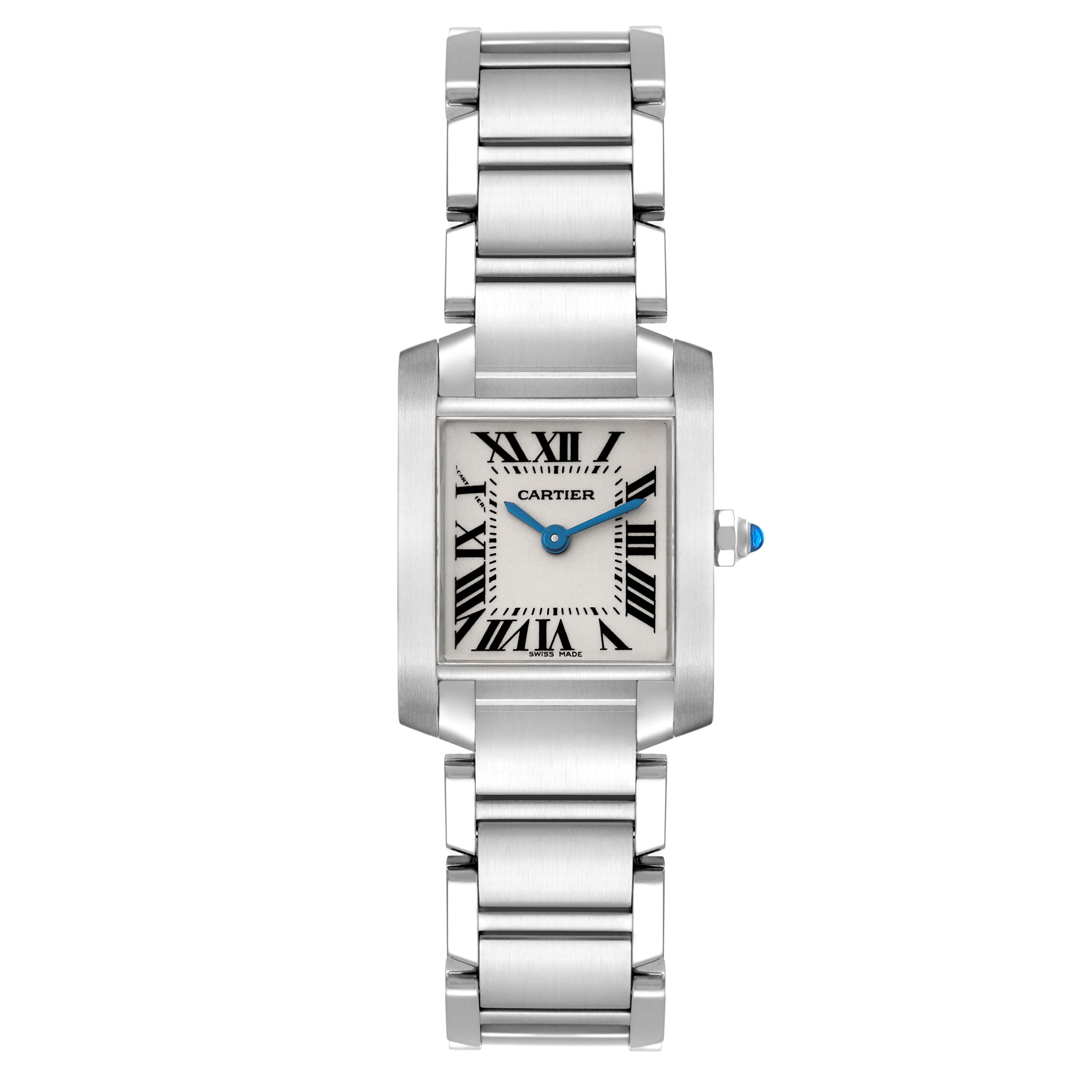 The image shows a front view of a Cartier Tank Française watch, displaying its rectangular face and metal bracelet.