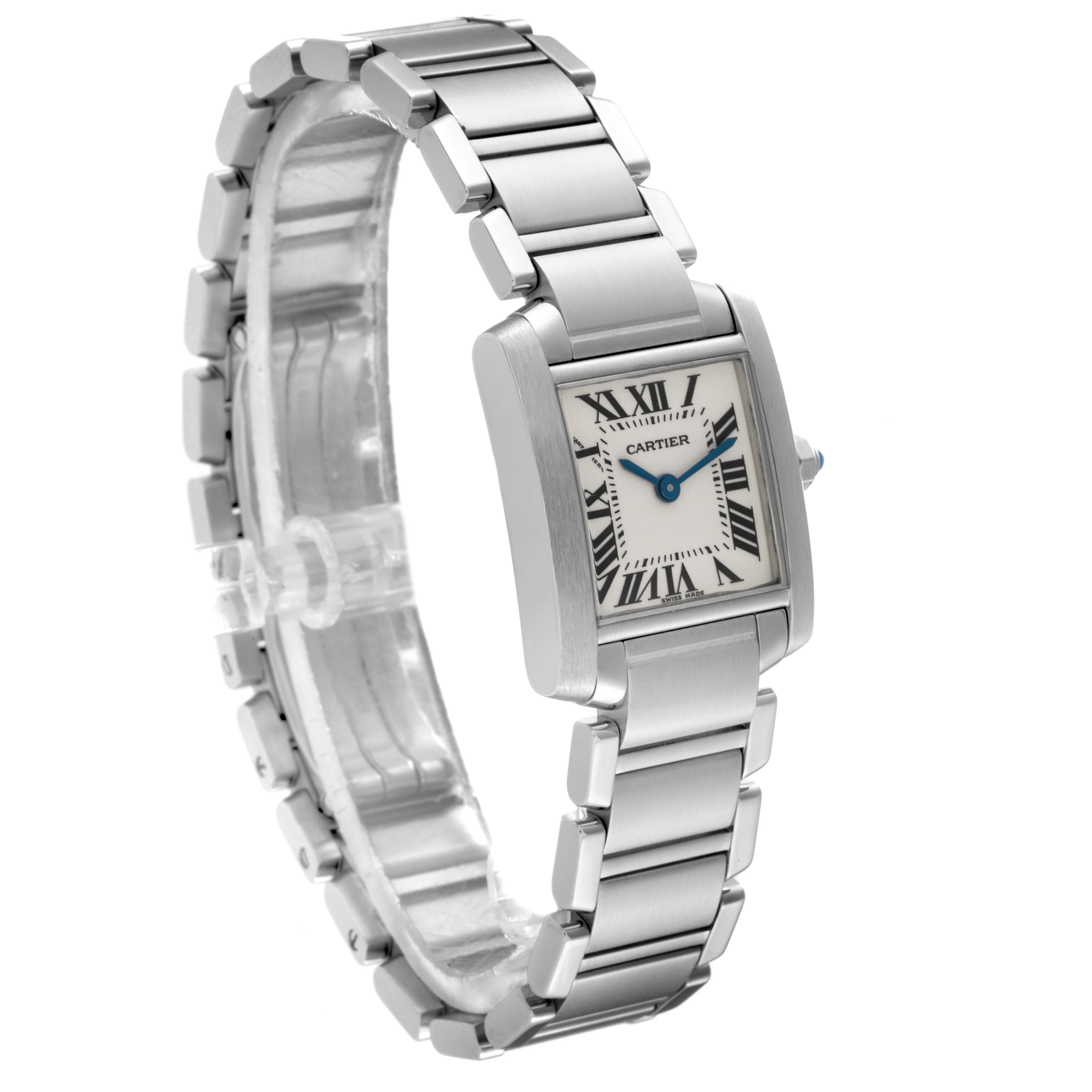 The image shows a Cartier Tank Francaise W51008Q3 Women's Stainless Steel Silver Dial W51008Q3 Women's Stainless Steel Silver Dial watch angled to display the face, bracelet, and part of the crown.