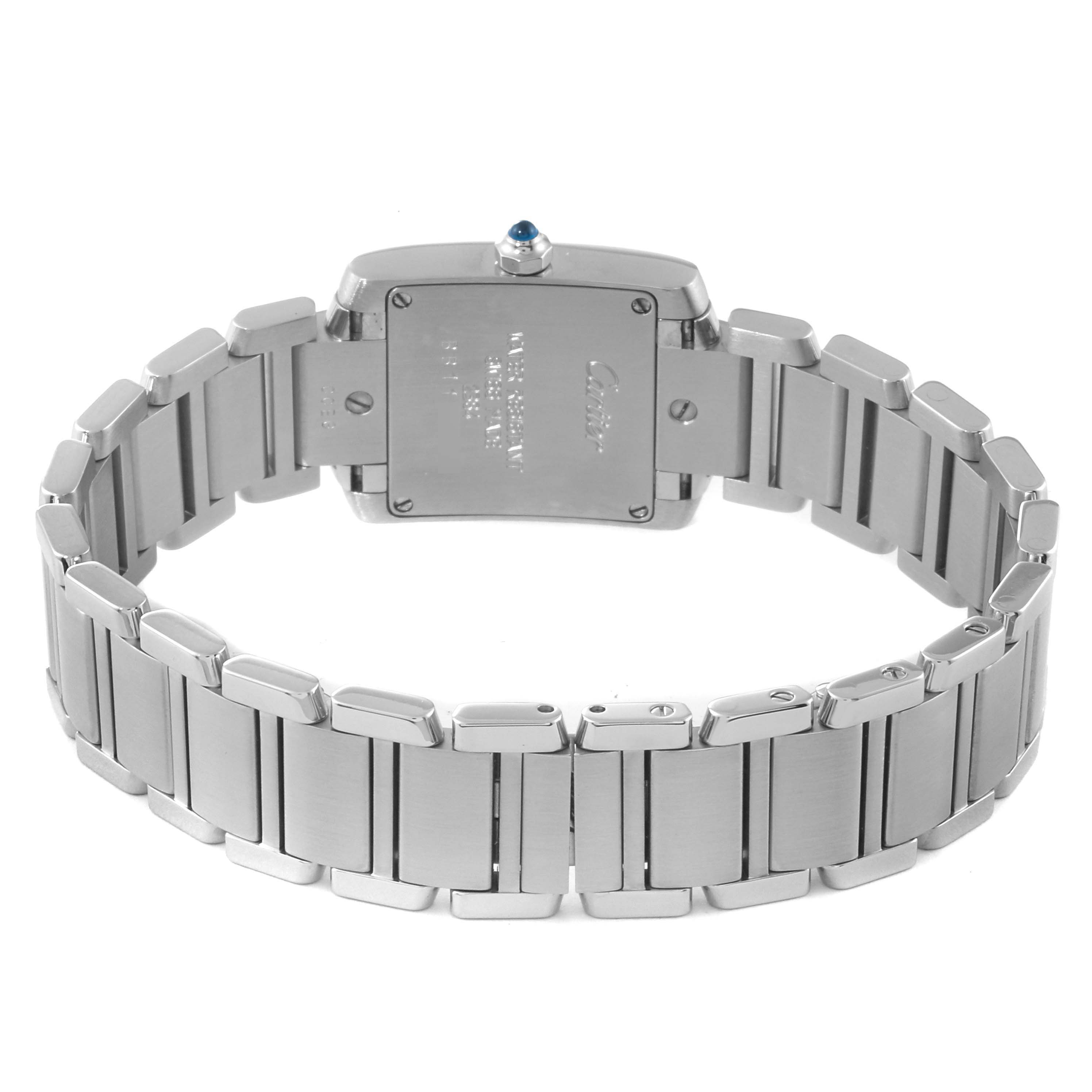 This image shows the back view of the Cartier Tank Française watch, highlighting its bracelet and case back.