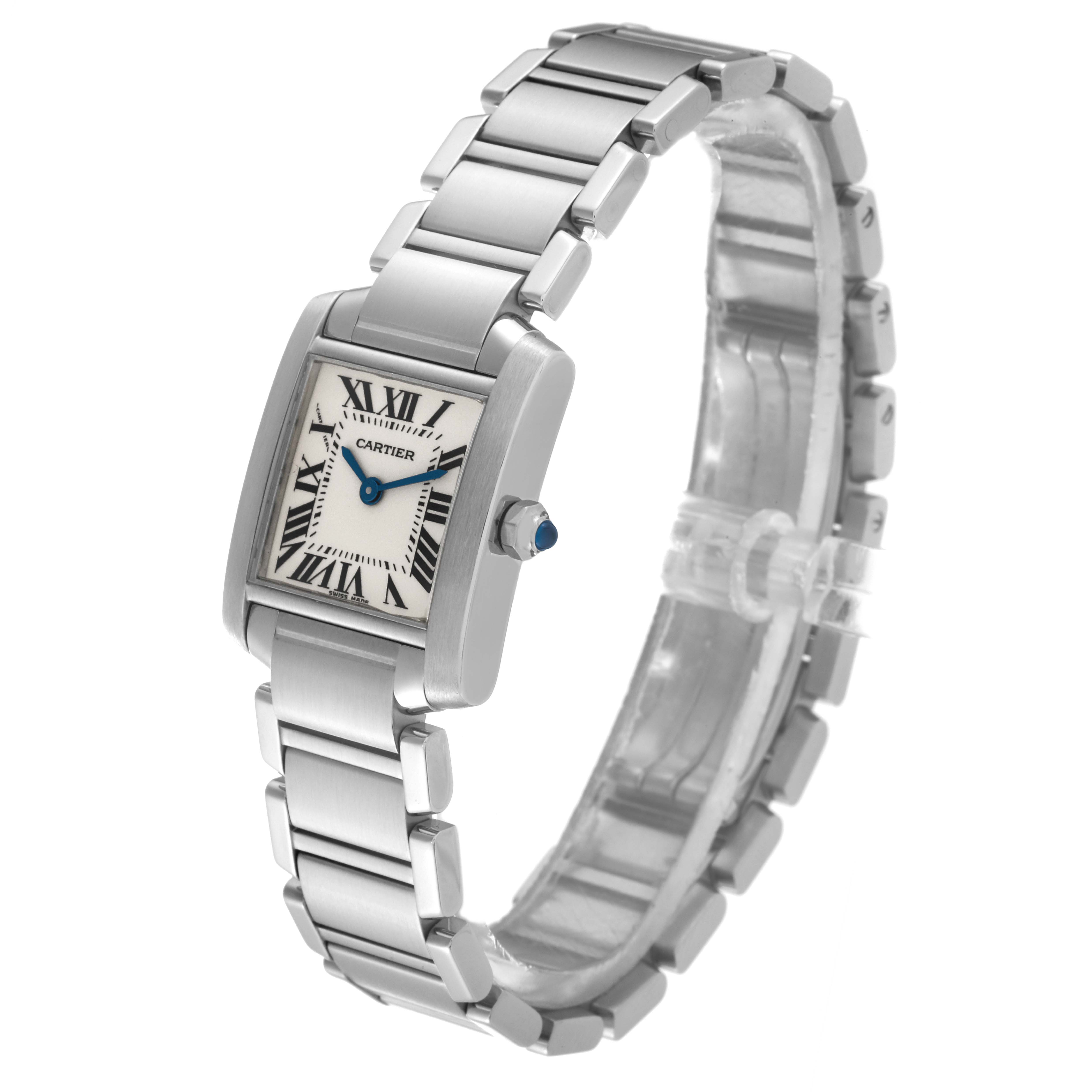 The image shows a Cartier Tank Française watch at an angled side view, highlighting the face, case, and bracelet.