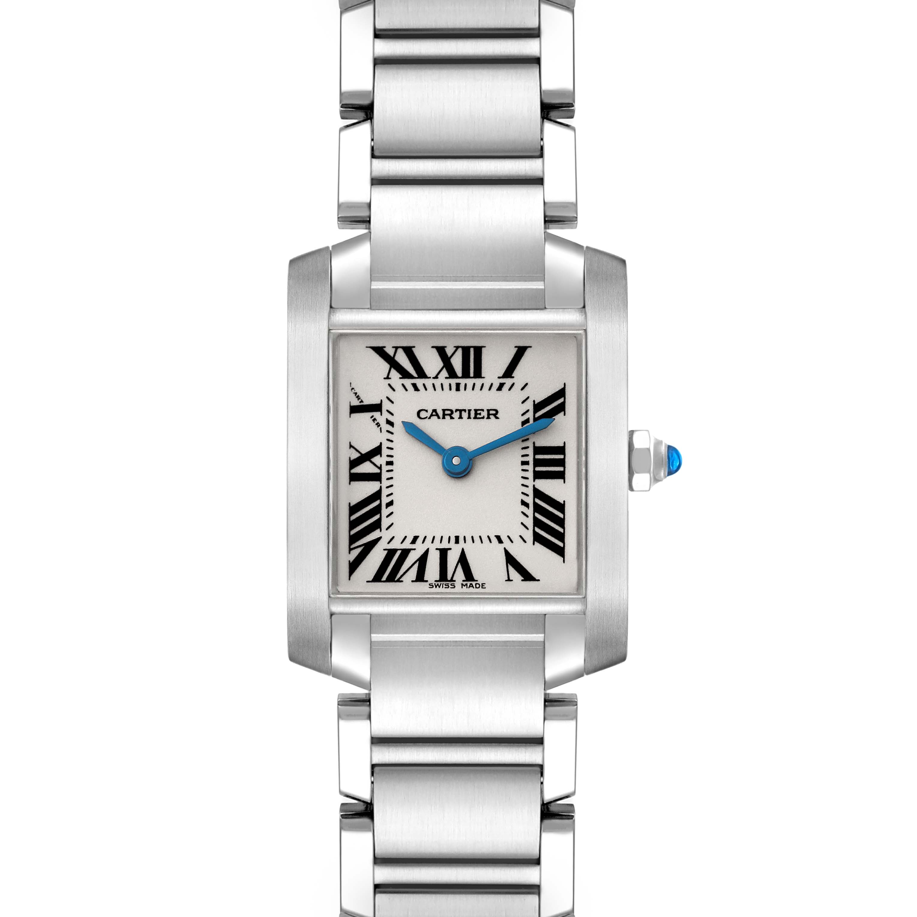 The Cartier Tank Francaise W51008Q3 Women's Stainless Steel Silver Dial W51008Q3 Women's Stainless Steel Silver Dial watch is shown from the front, displaying its face, Roman numeral markers, blue hands, and metal bracelet.