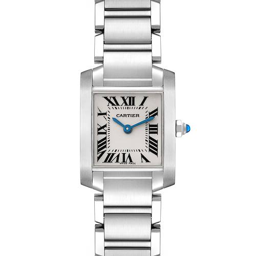 The image shows a Cartier Tank Francaise watch with a full frontal view of the face and a portion of the metal bracelet.