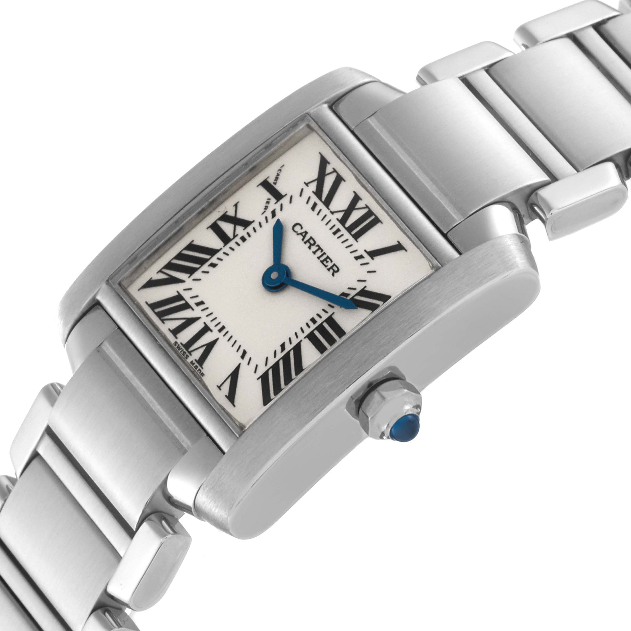 The image shows a side-angle view of a Cartier Tank Francaise W51008Q3 Women's Stainless Steel Silver Dial W51008Q3 Women's Stainless Steel Silver Dial watch, highlighting its rectangular face, Roman numerals, and metal bracelet.