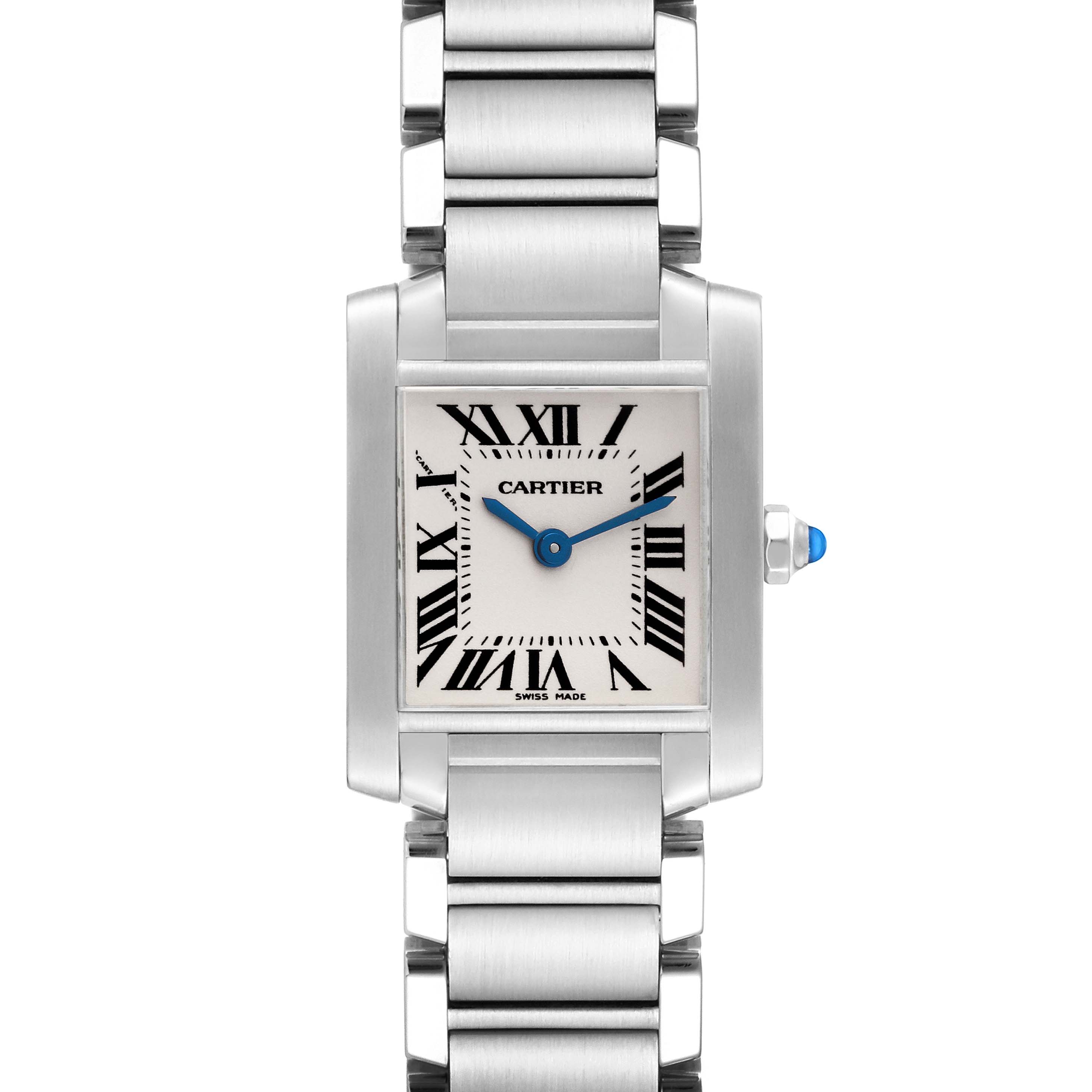 The image shows a front view of the Cartier Tank Francaise W51008Q3 Women
s Stainless Steel Silver Dial W51008Q3 Women
s Stainless Steel Silver Dial watch, displaying the dial, Roman numerals, and metal bracelet.