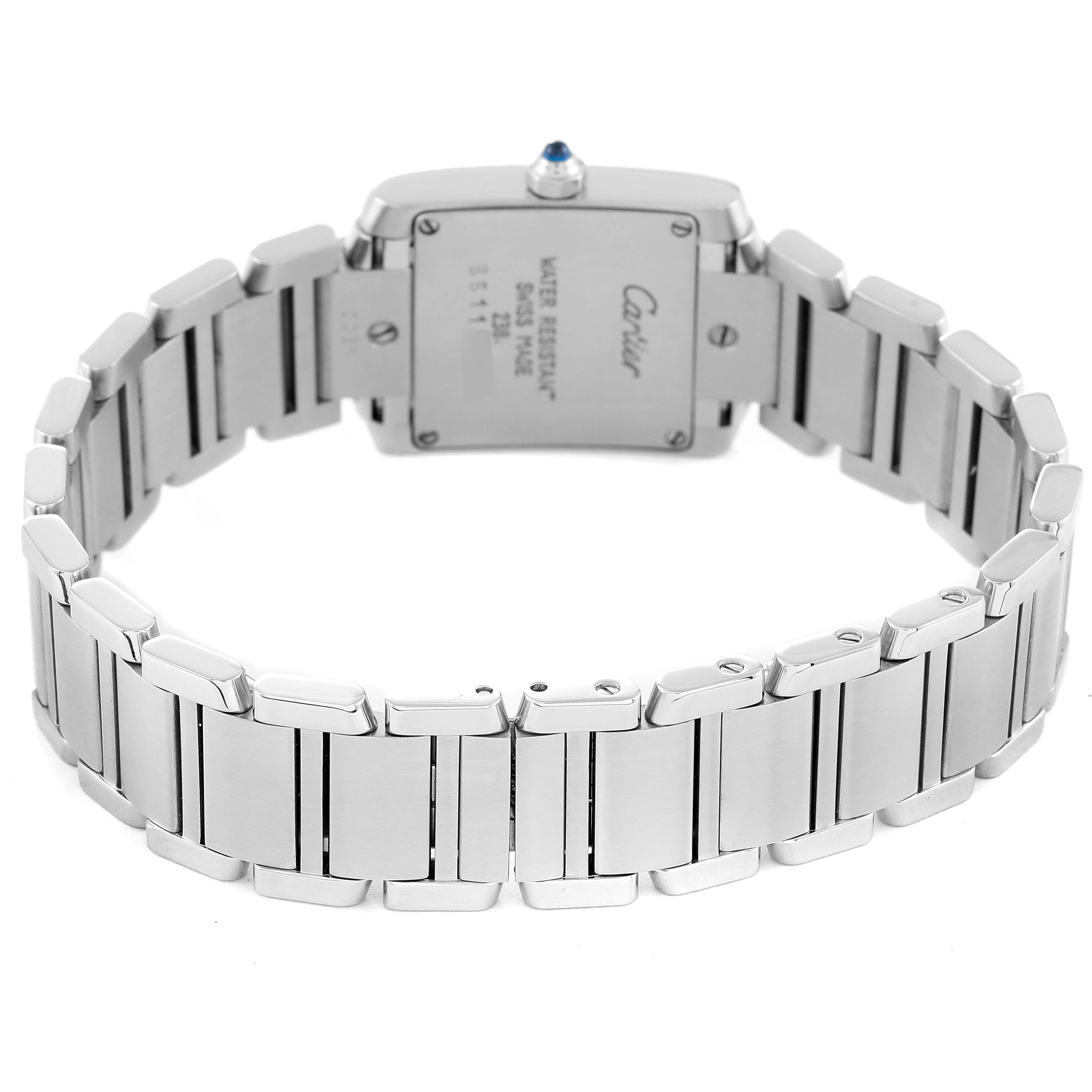 This image shows the back and stainless steel bracelet of the Cartier Tank Française watch.