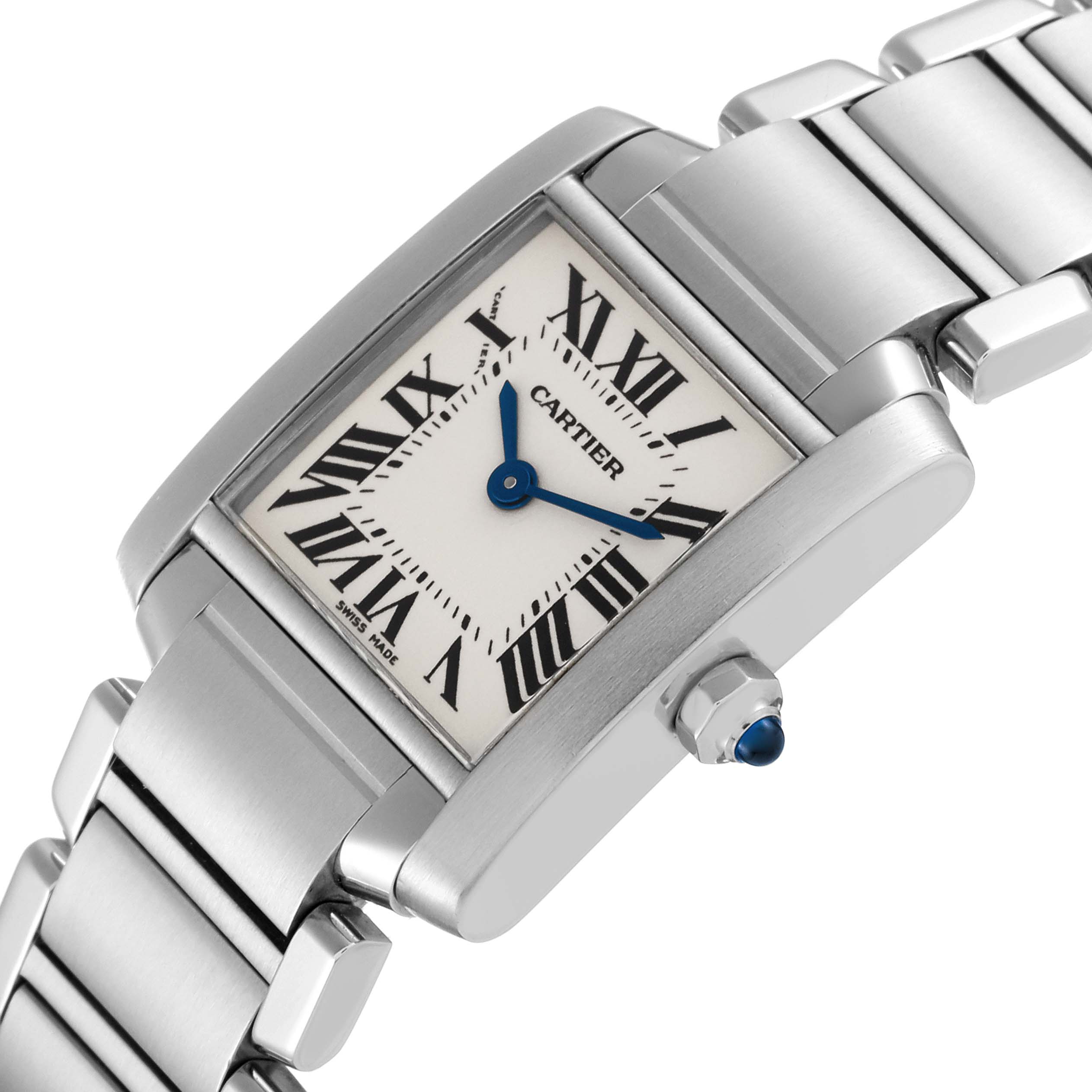 This image shows a close-up, angled view of the face and bracelet of a Cartier Tank Française watch.