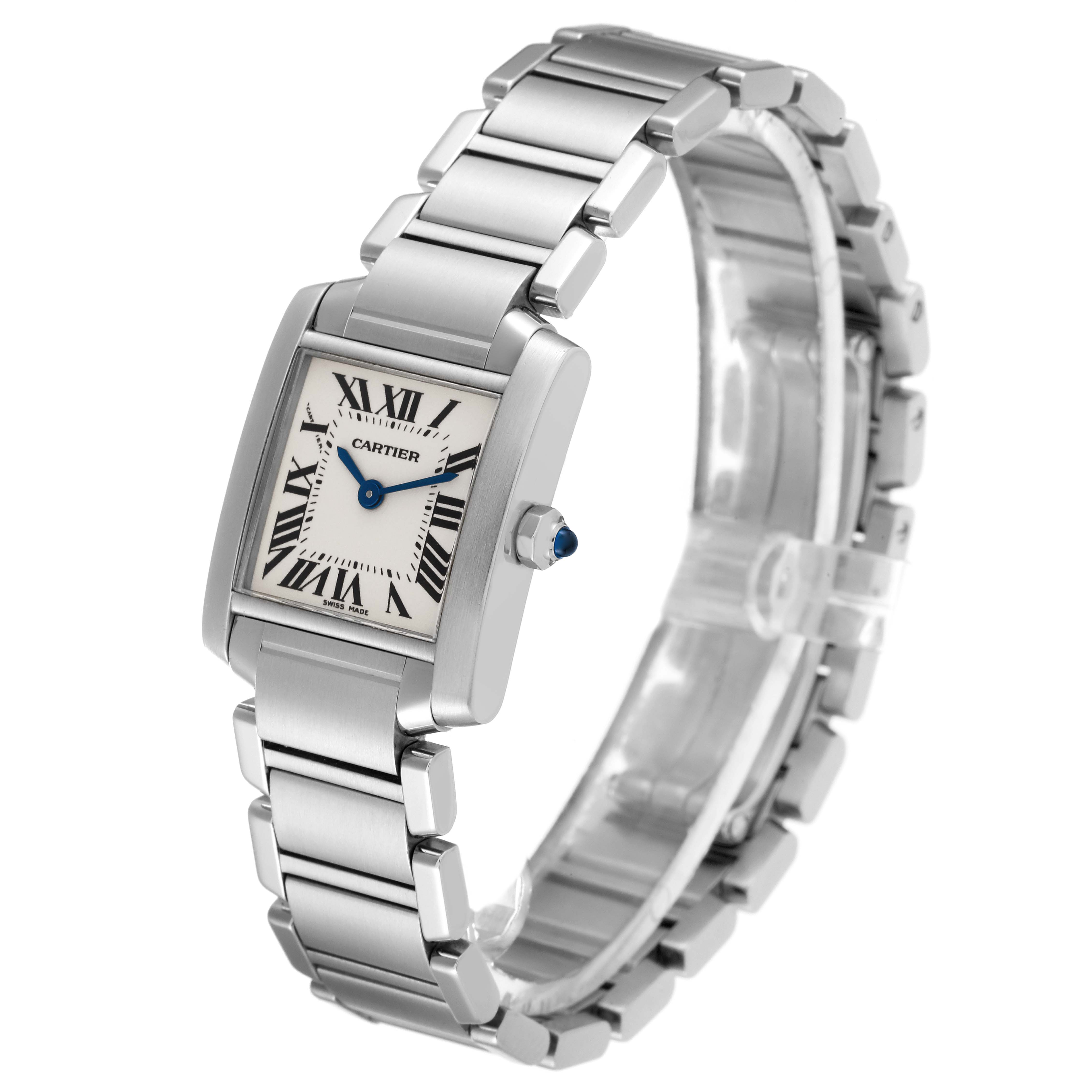 The Cartier Tank Francaise W51008Q3 Women
s Stainless Steel Silver Dial W51008Q3 Women
s Stainless Steel Silver Dial watch is shown at an angle, highlighting its bracelet, rectangular case, and Roman numeral dial.