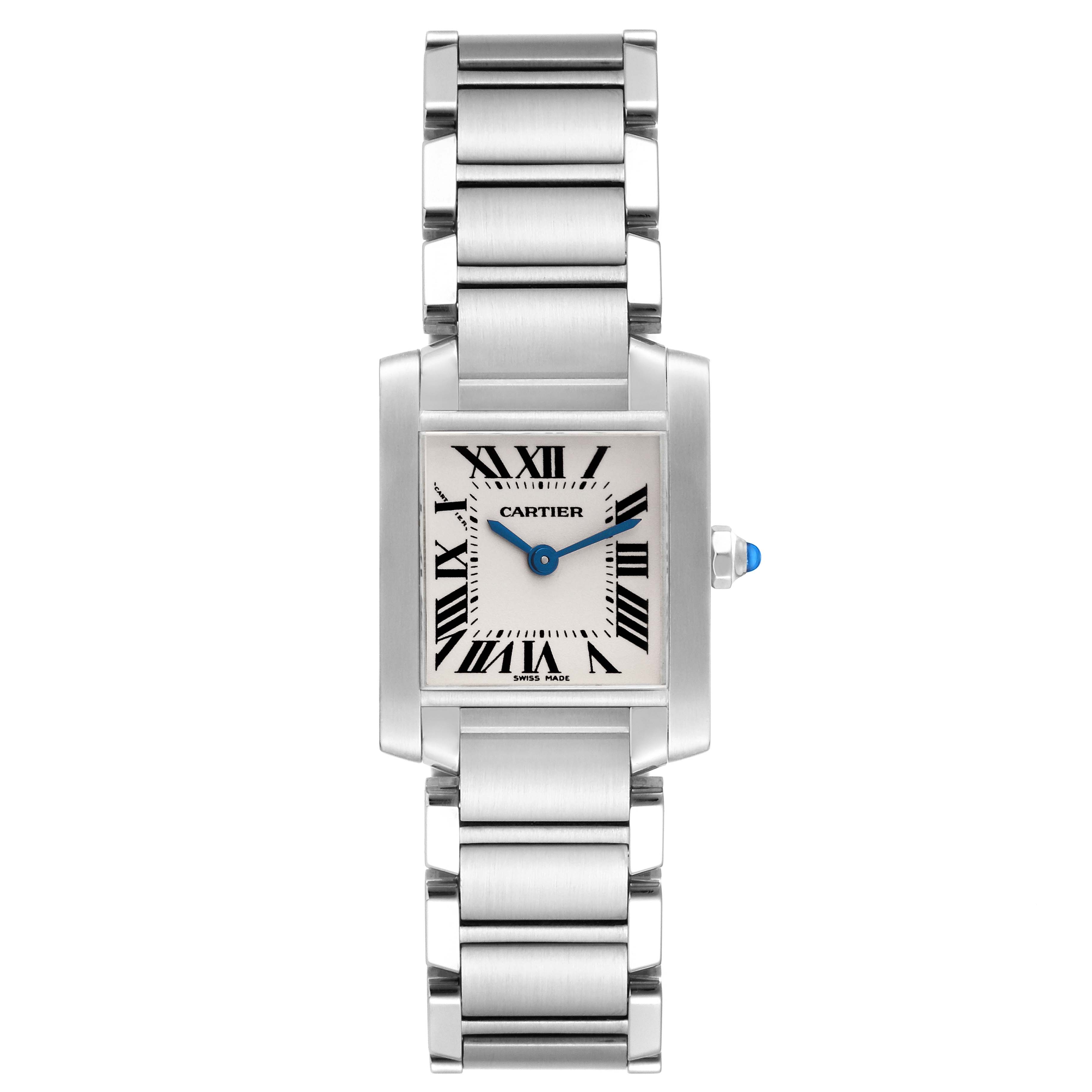 The Cartier Tank Francaise W51008Q3 Women
s Stainless Steel Silver Dial W51008Q3 Women
s Stainless Steel Silver Dial watch is shown from a front angle, displaying the entire face and metal bracelet.