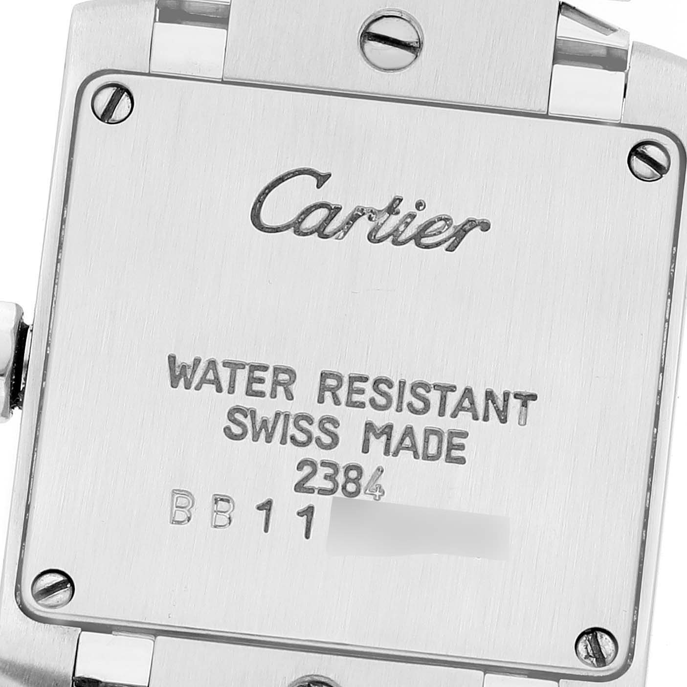 The image depicts the back case of a Cartier Tank Francaise W51008Q3 Women
s Stainless Steel Silver Dial W51008Q3 Women
s Stainless Steel Silver Dial watch, showing the brand name, water resistance, and Swiss-made inscription.