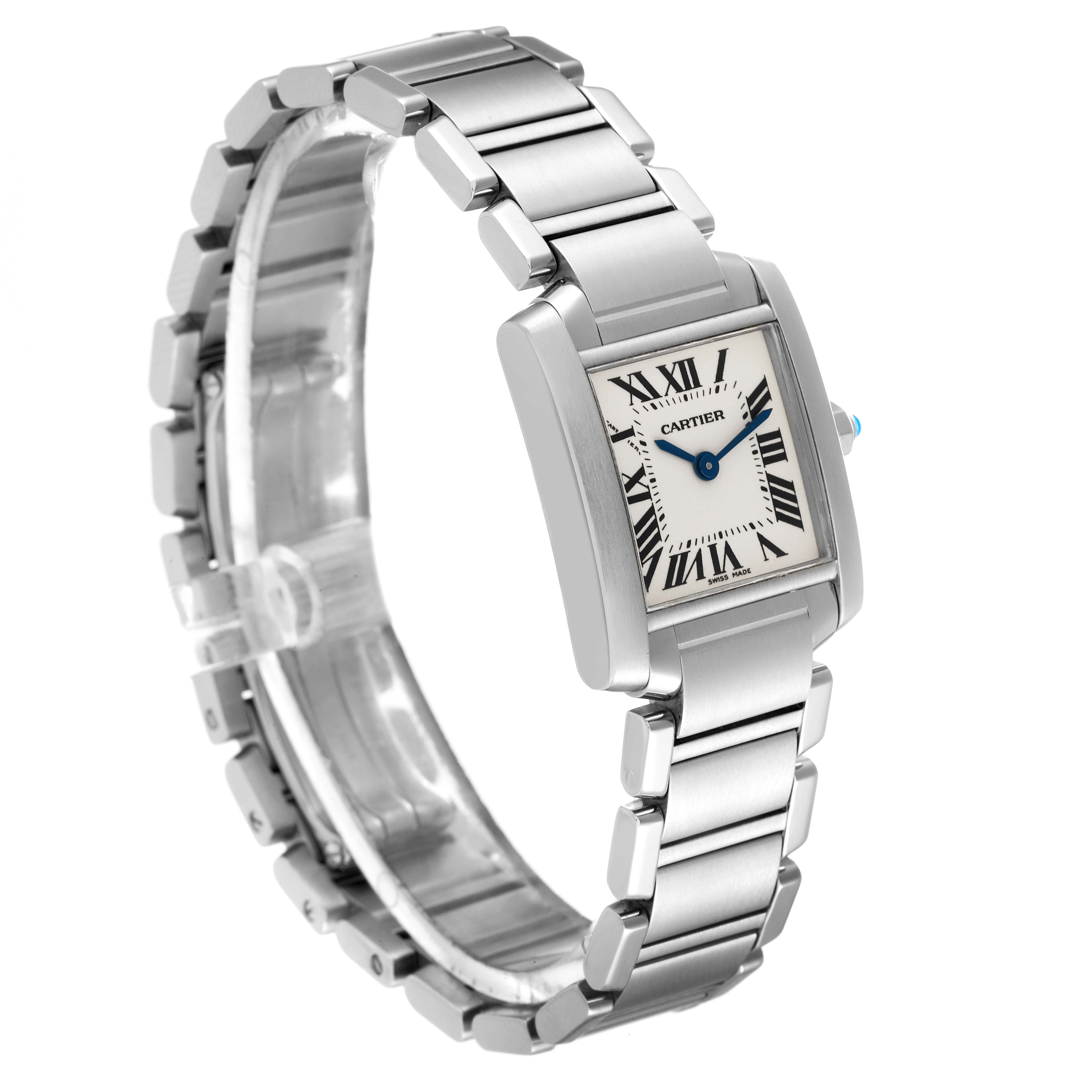 The Cartier Tank Francaise W51008Q3 Women
s Stainless Steel Silver Dial W51008Q3 Women
s Stainless Steel Silver Dial watch is shown from a three-quarter side angle, detailing the bracelet and rectangular face with Roman numerals.
