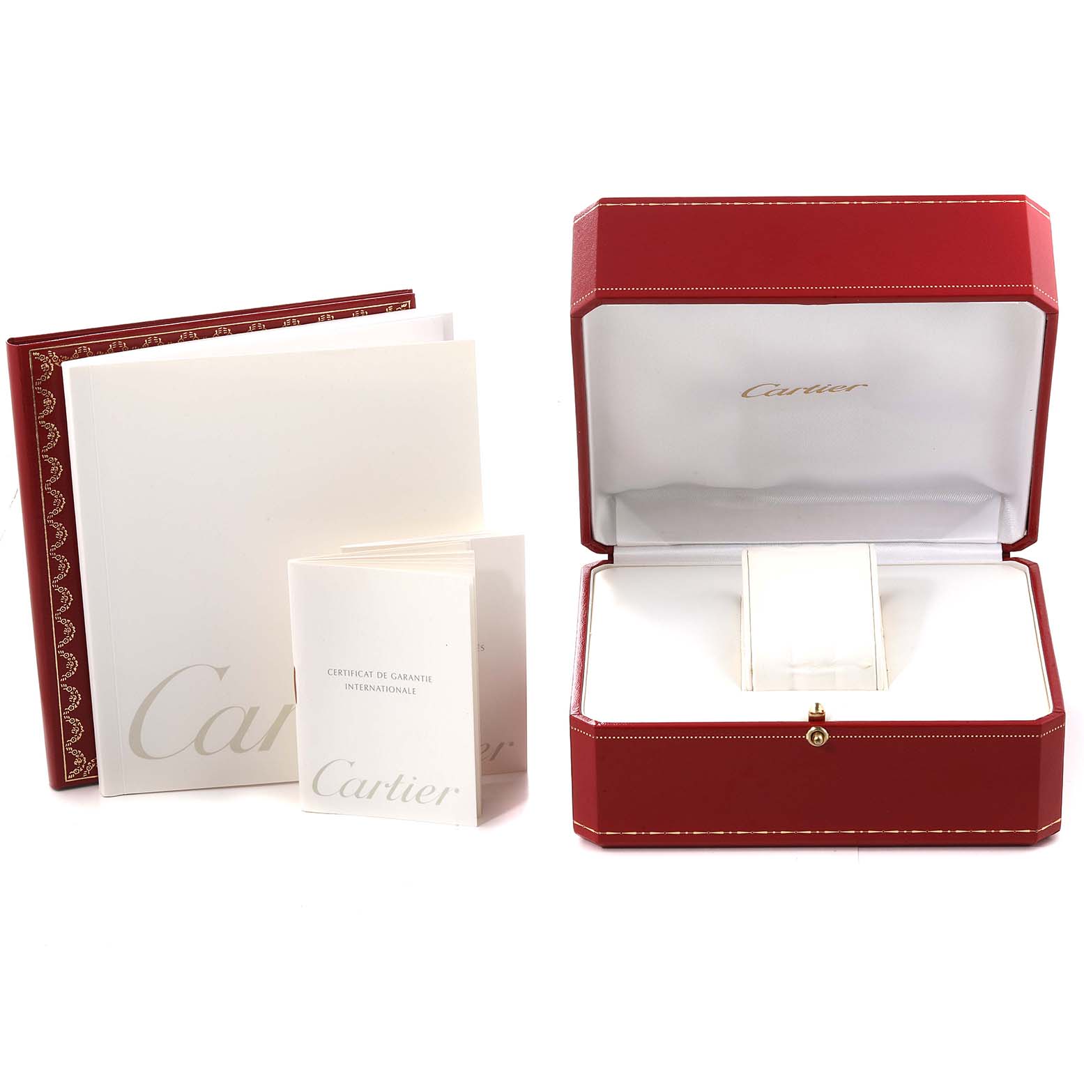 The image shows the packaging and paperwork of a Cartier Tank Française watch, including a red box and warranty booklets.